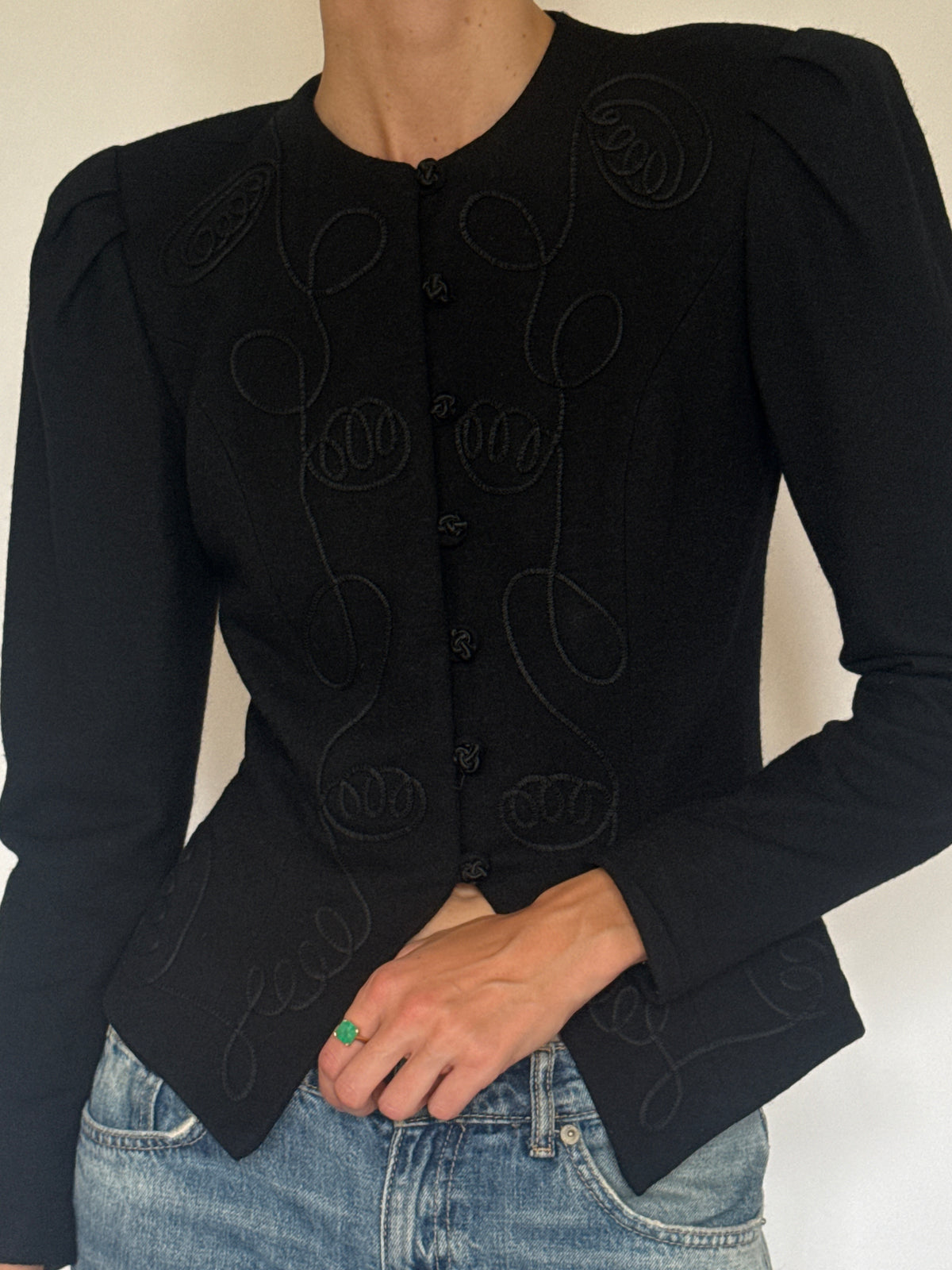Vintage black wool jacket tonal soutache embroidery close-up