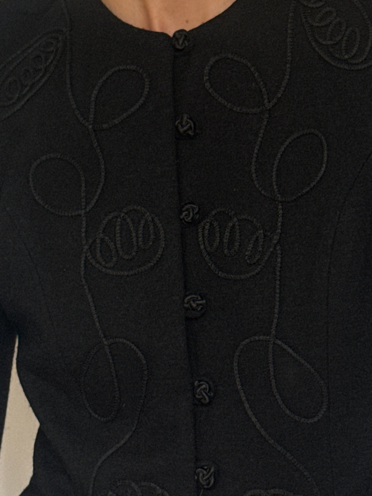 Vintage black wool jacket tonal soutache embroidery close-up