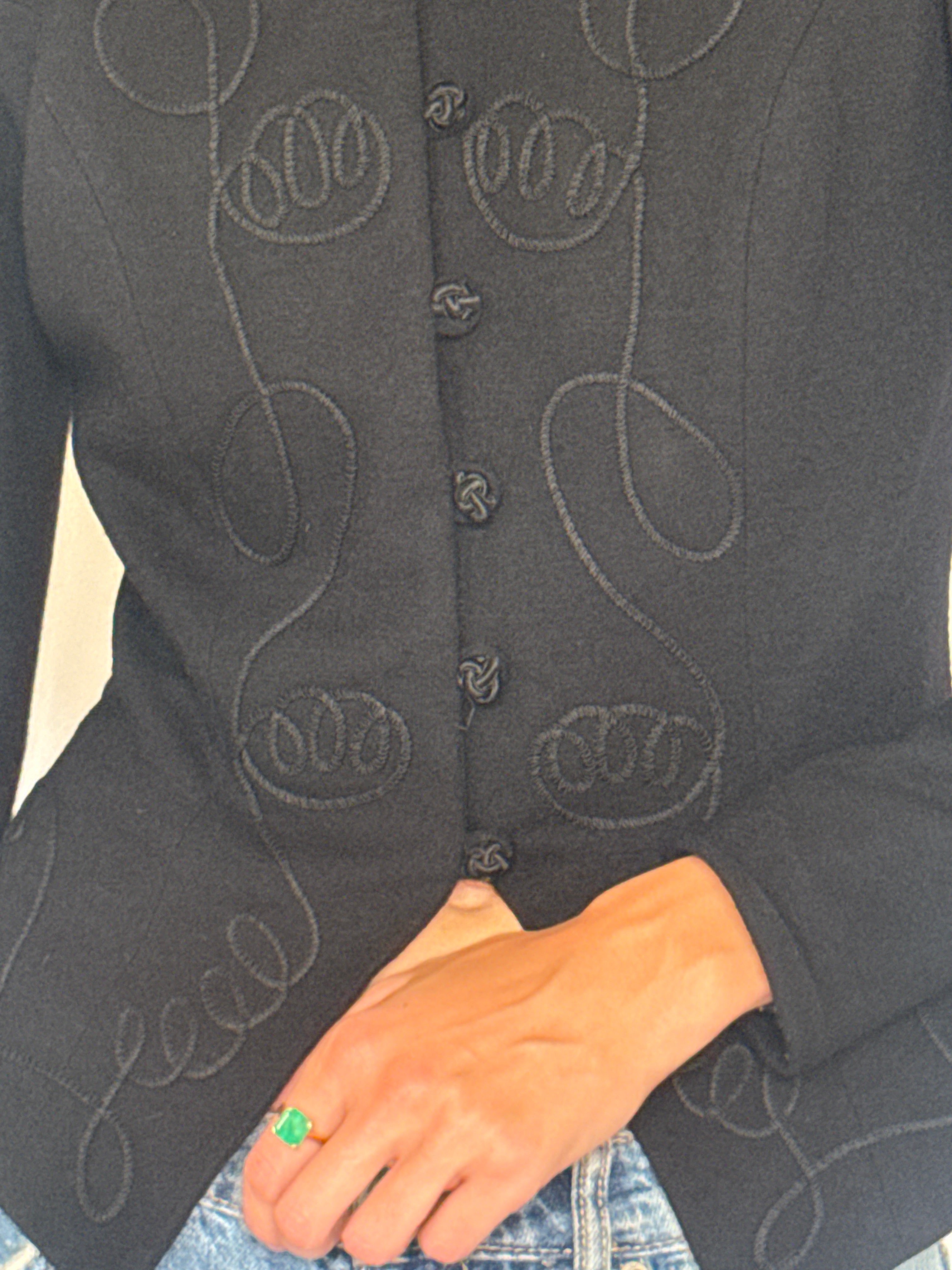 Vintage black wool jacket tonal soutache embroidery close-up