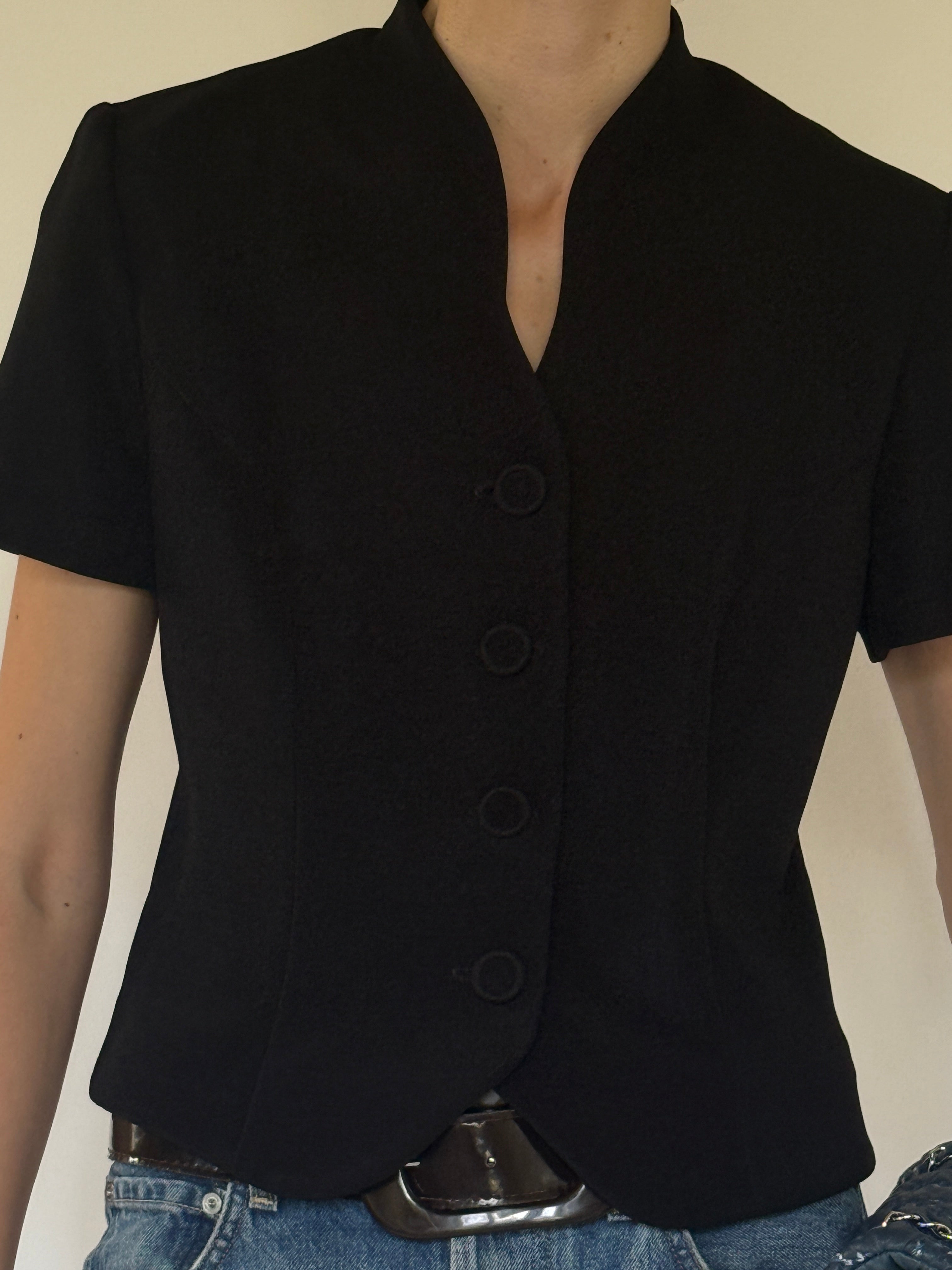Vintage structured black button-front top front view