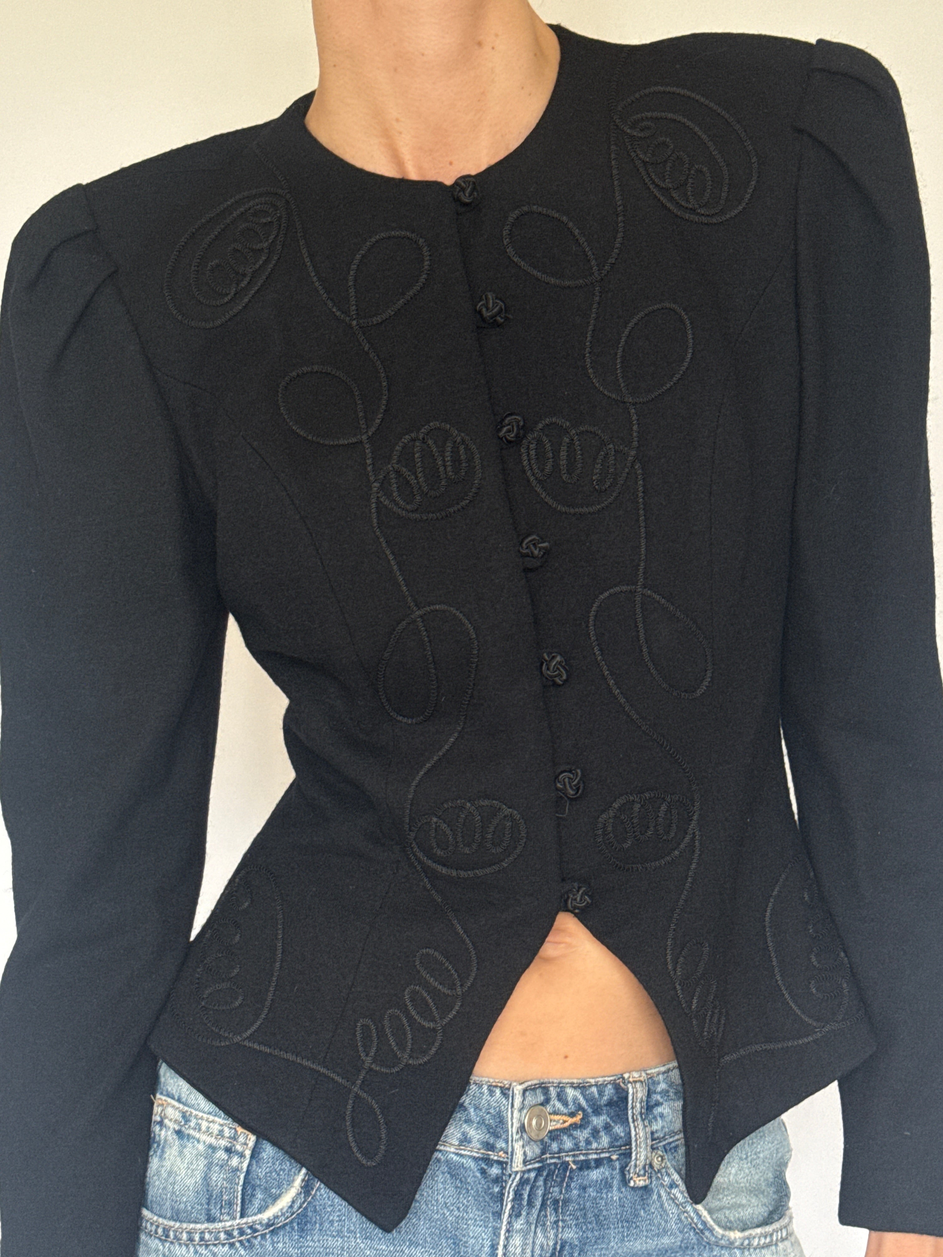 Vintage Richard Warren embroidered wool jacket black front view