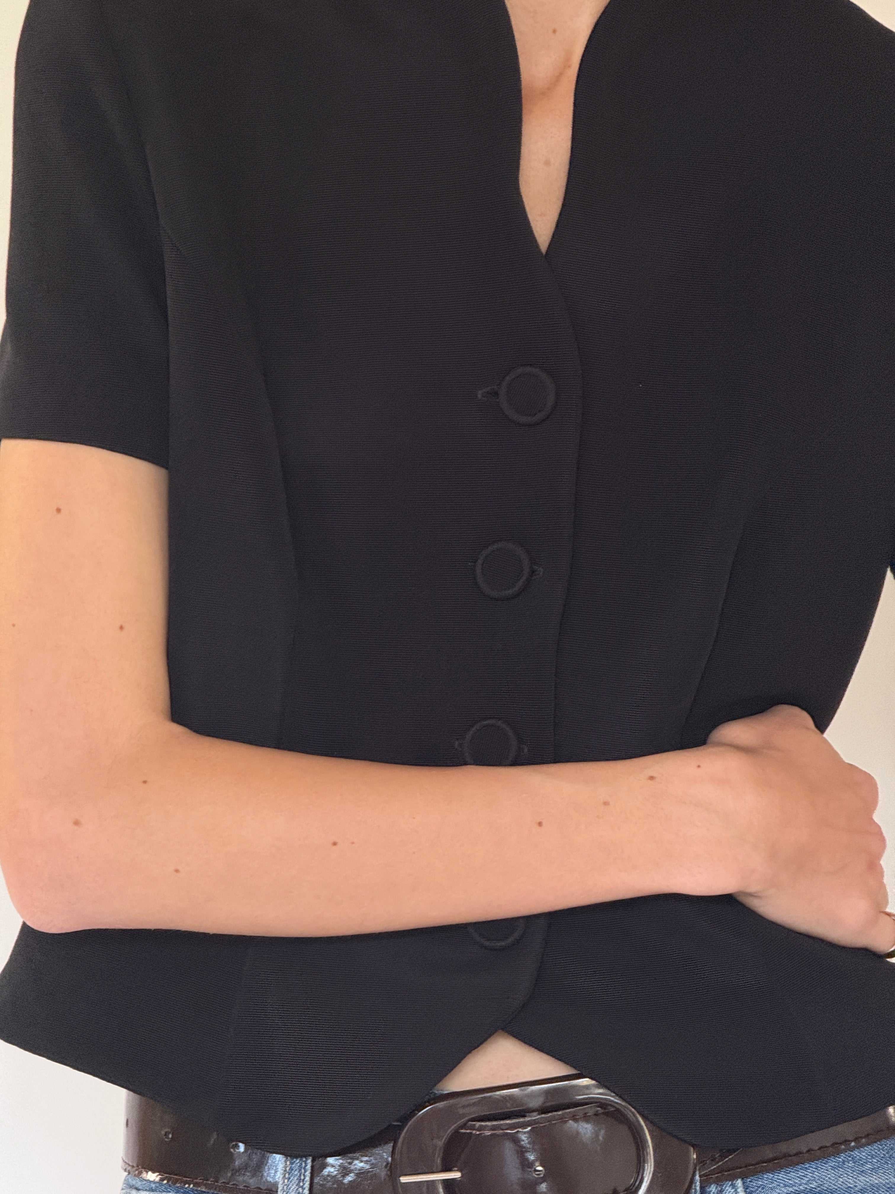 Vintage structured black button-front top front view