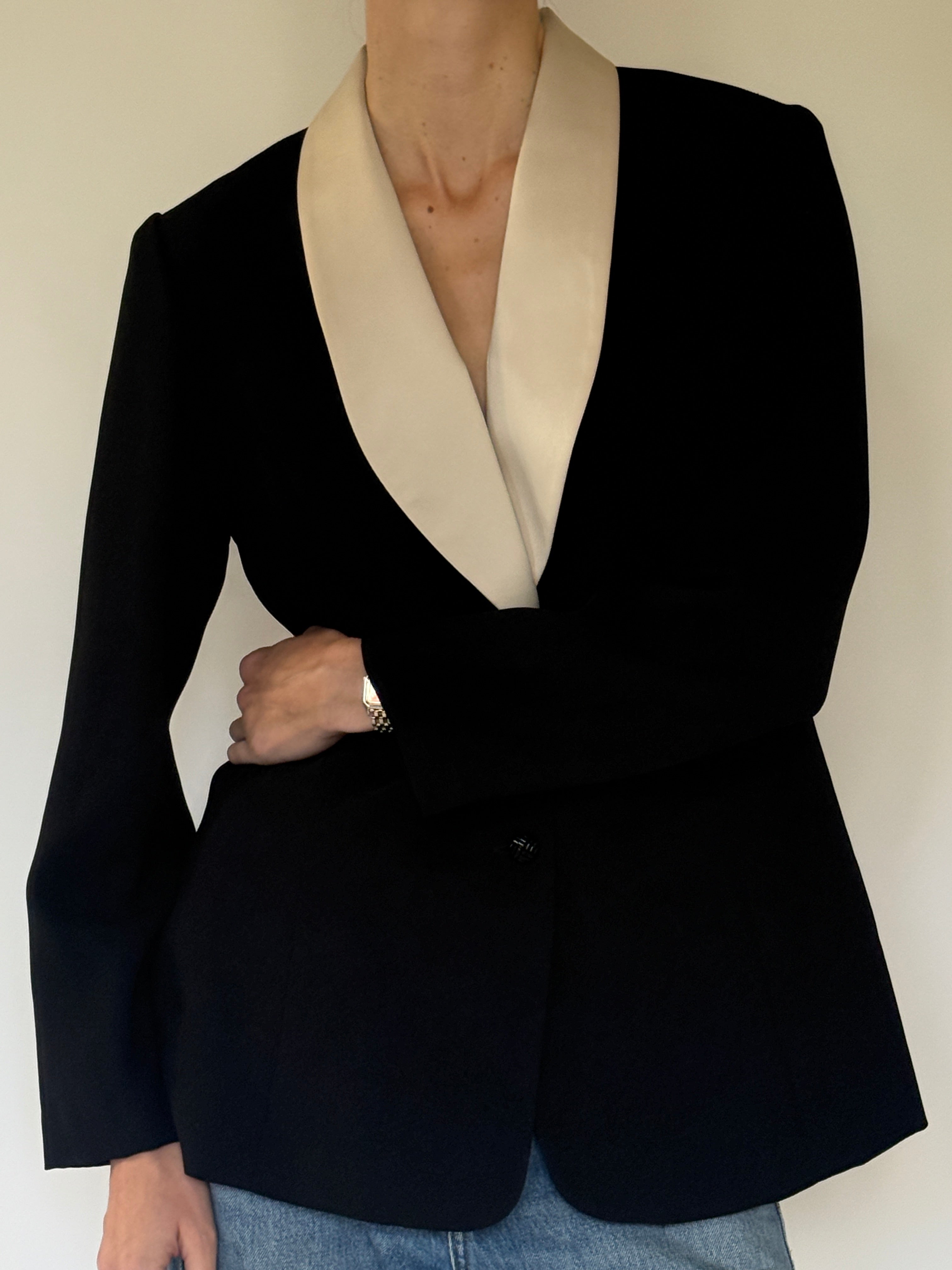 Vintage black blazer with cream shawl collar front view