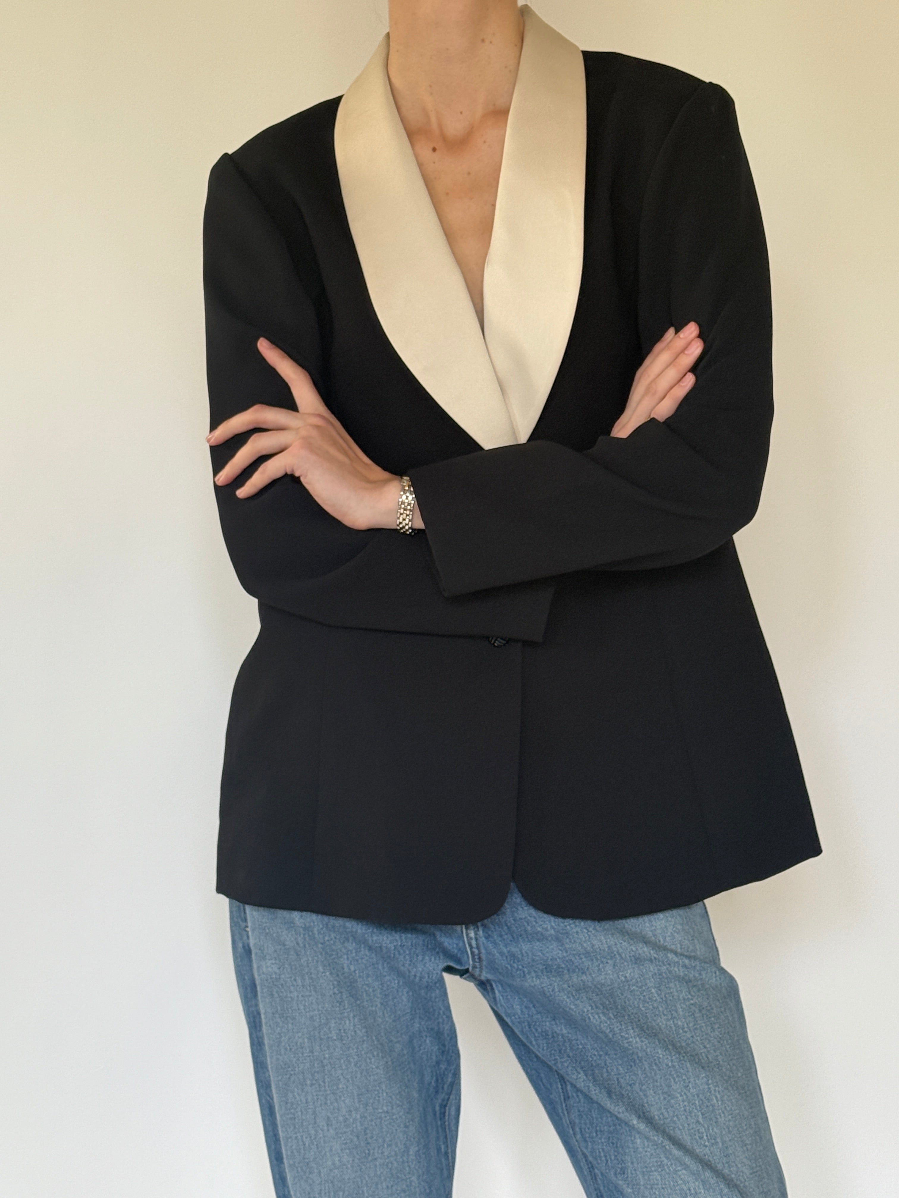 Vintage black blazer with cream shawl collar front view