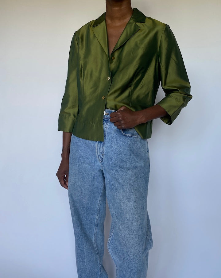 VINTAGE GREEN SILK BLOUSE 3540