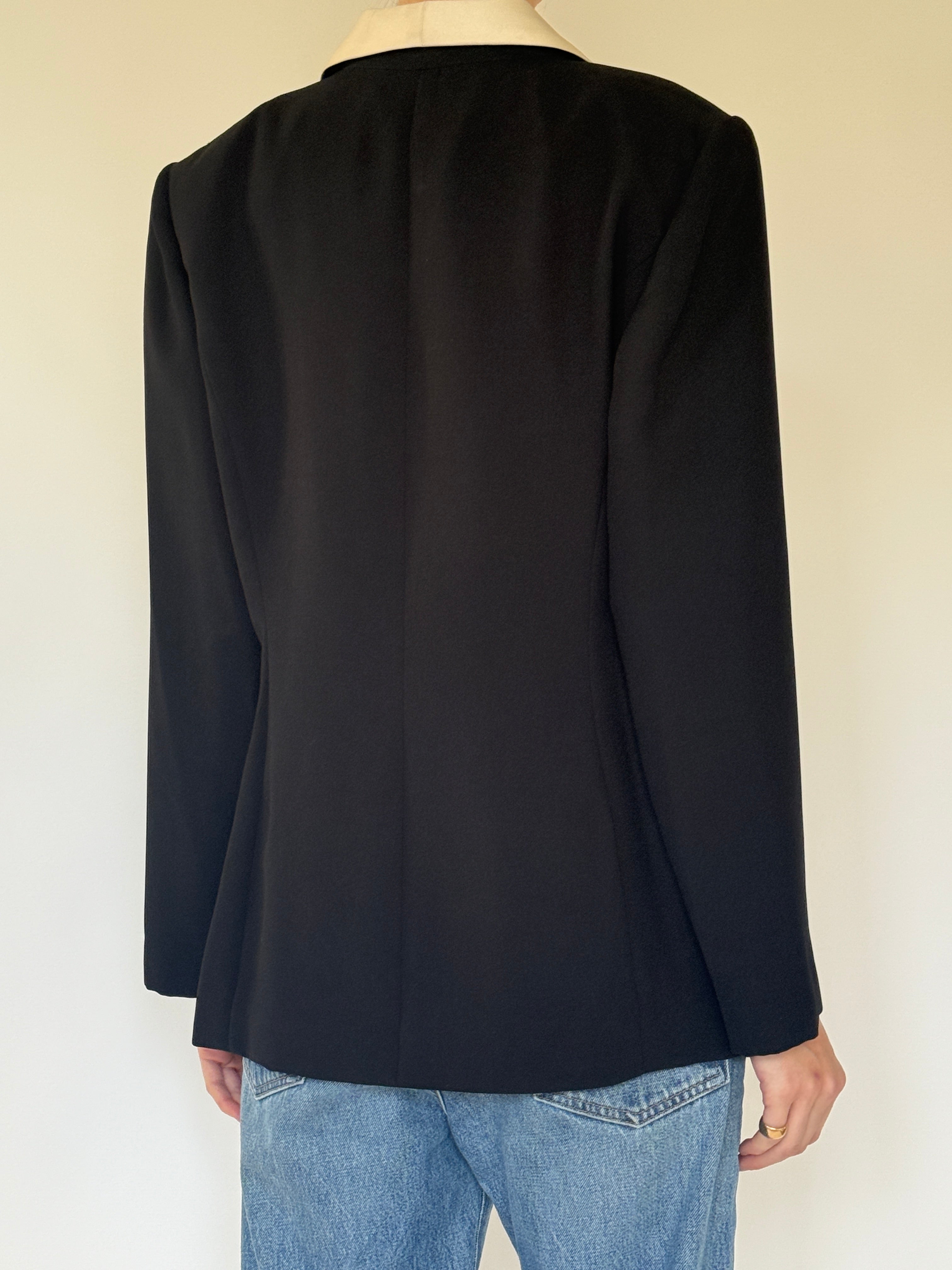 Vintage black blazer with cream shawl collar back view