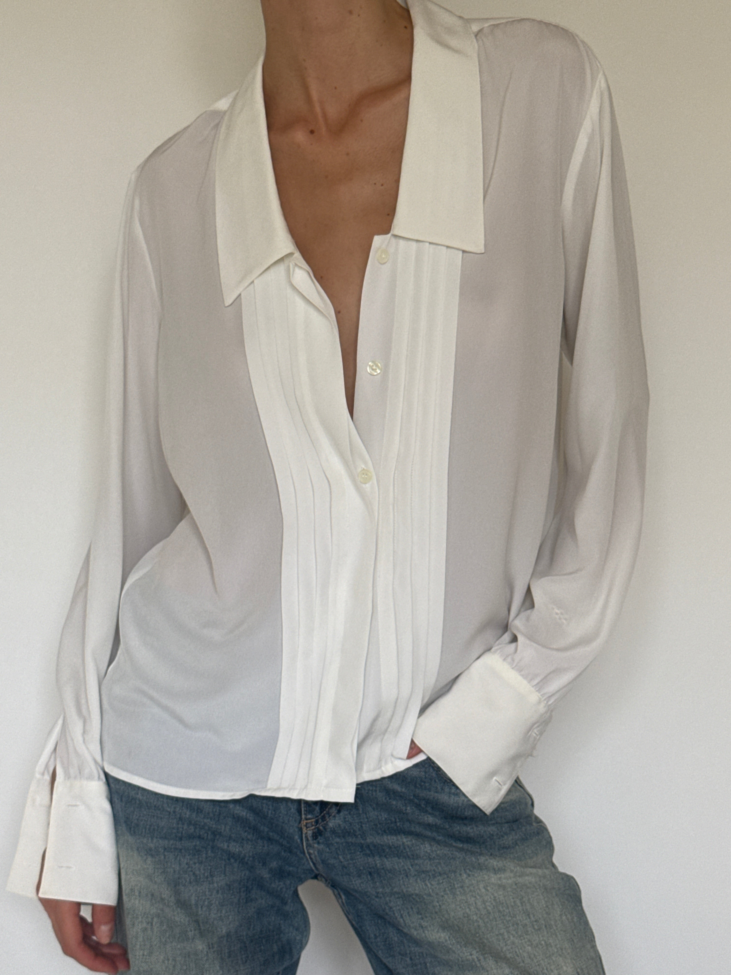 Vintage white pleated sheer blouse front view