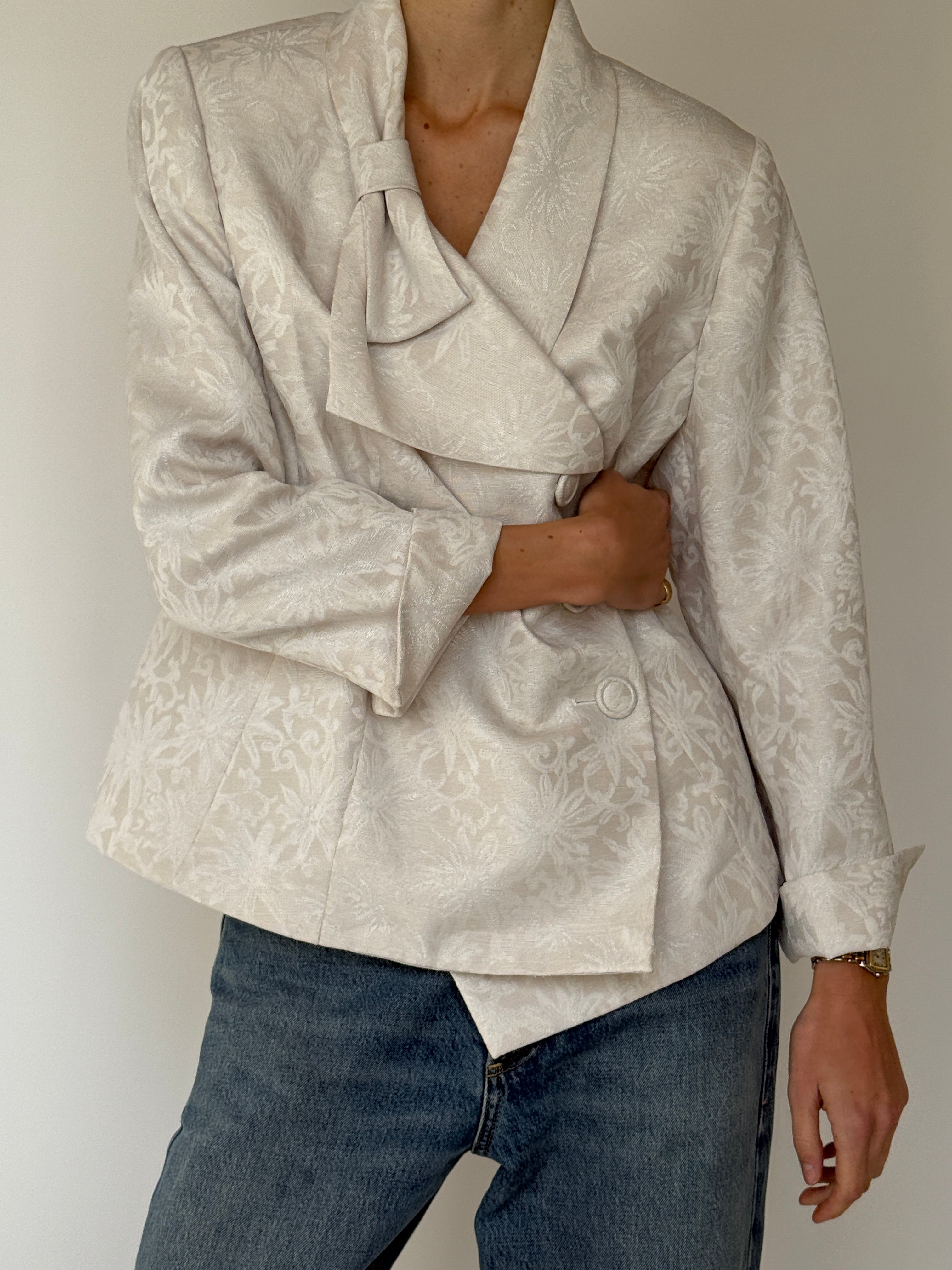 Vintage Ivory Jacquard Wrap Blazer 7023