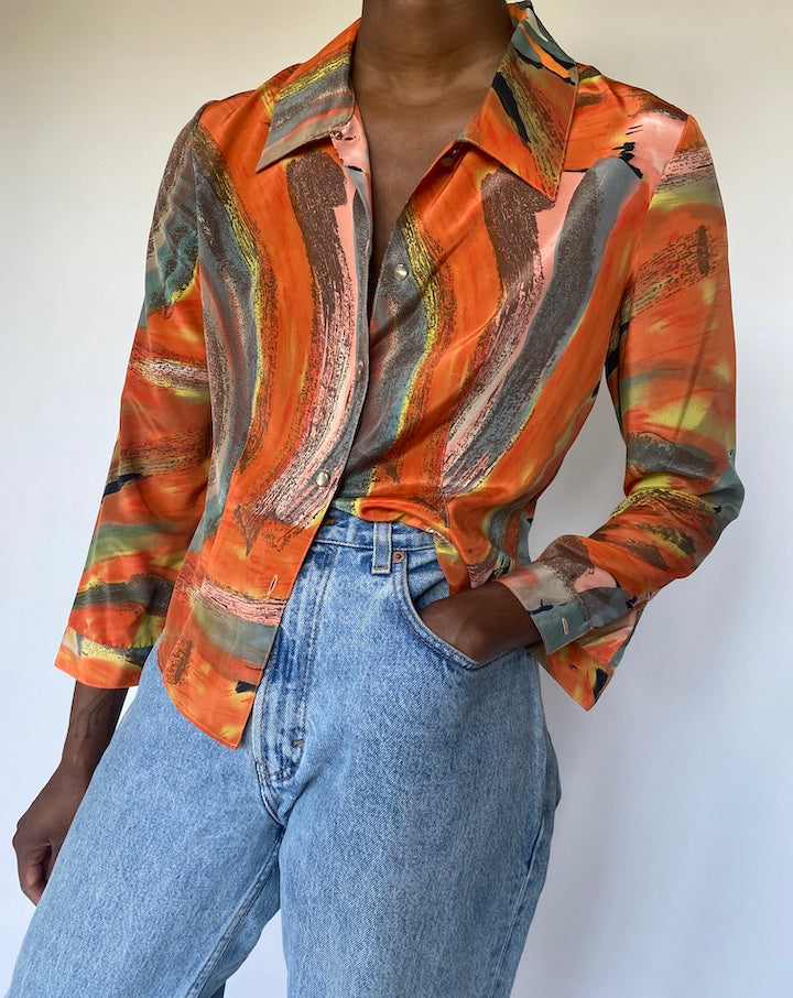 VINTAGE ORANGE PRINTED BUTTON DOWN BLOUSE 3544