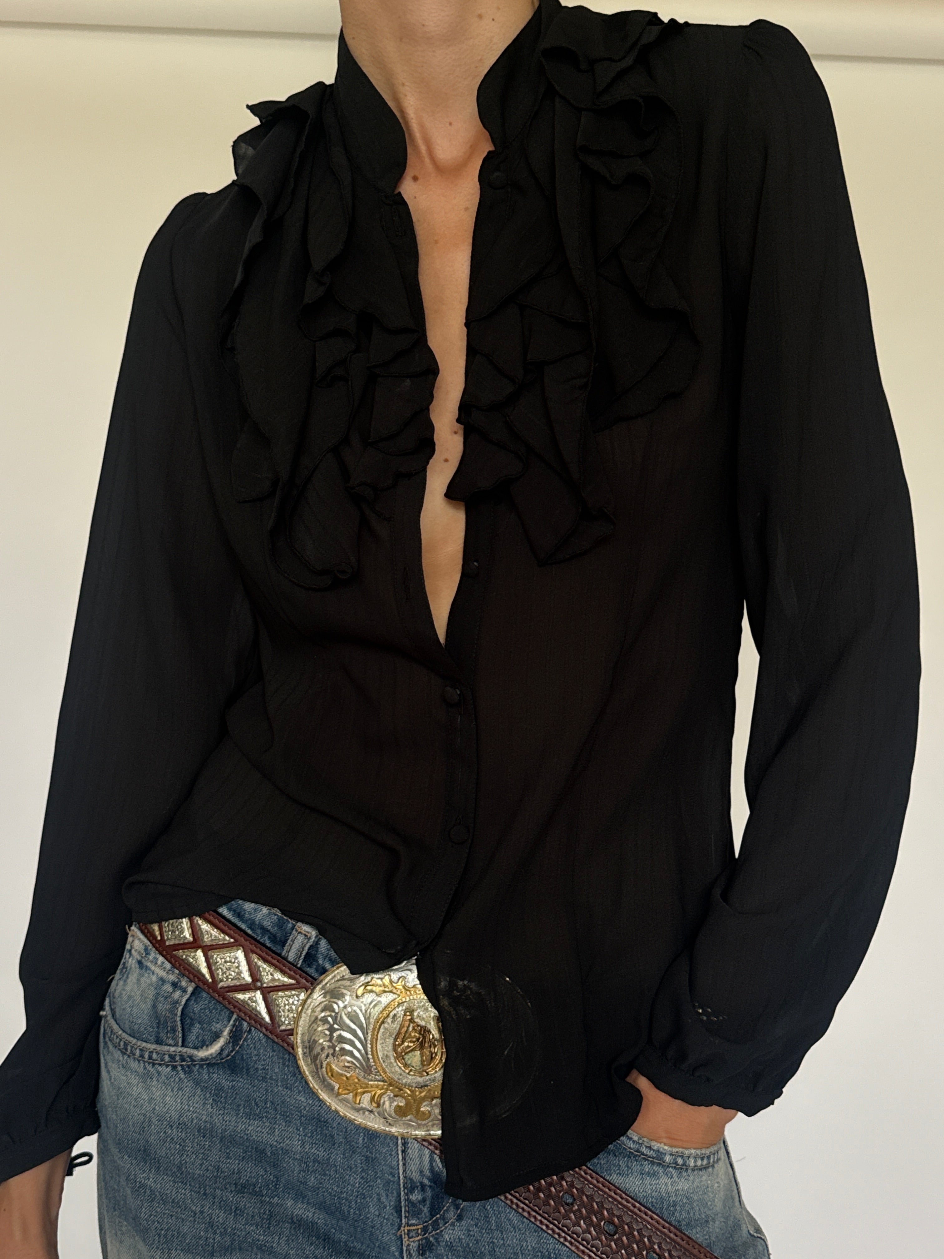Vintage lightweight black ruffle blouse front view