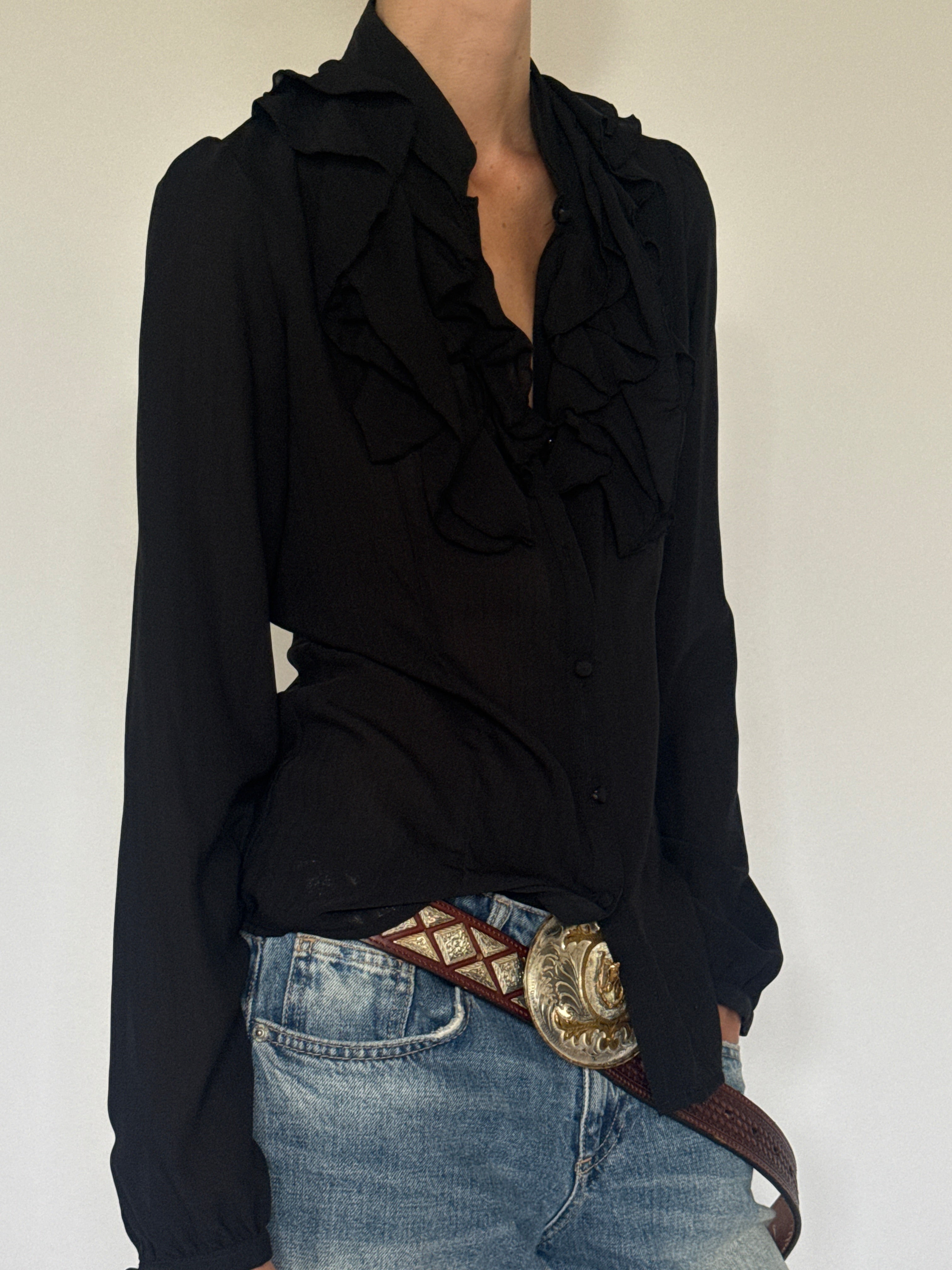 Vintage lightweight black ruffle blouse side view