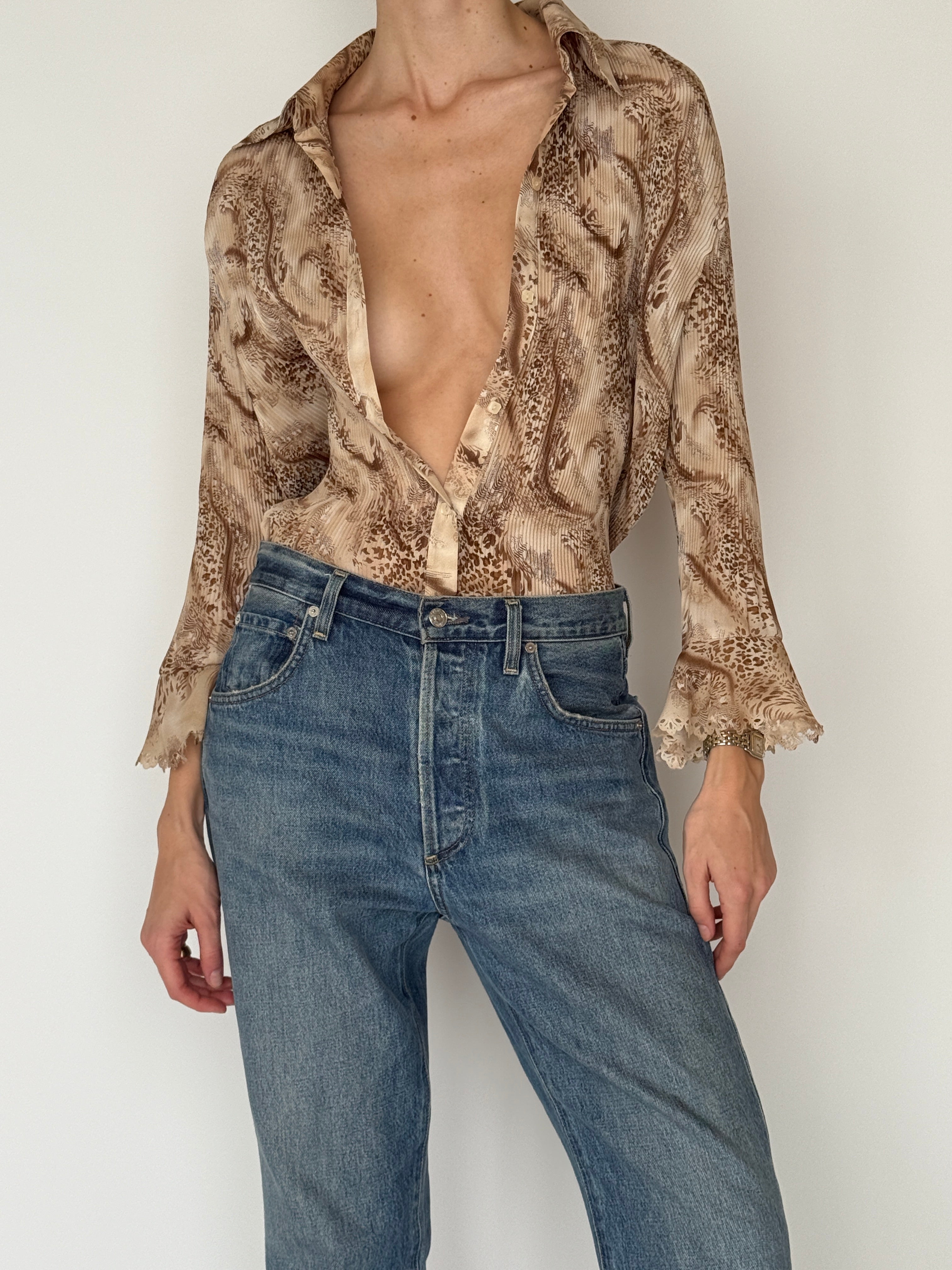 Vintage sheer pleated blouse collar detail