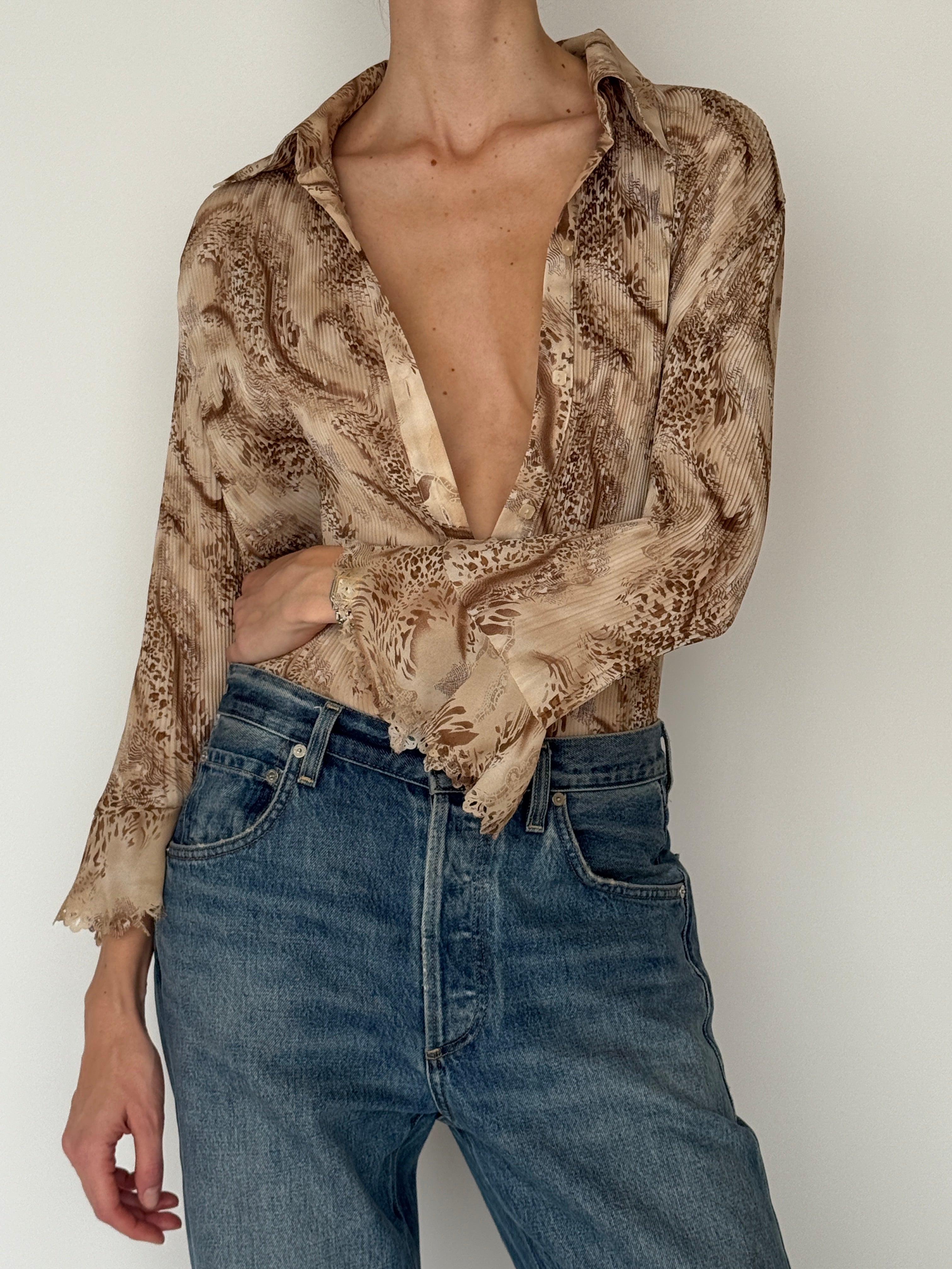 Vintage sheer pleated blouse neutral beige brown front view