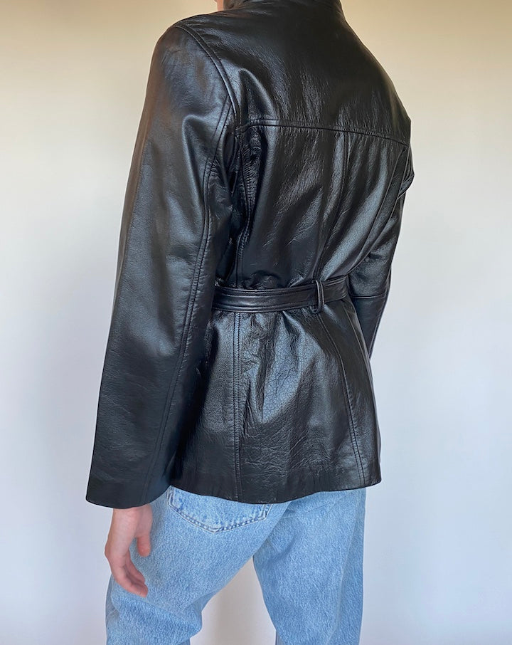 VINTAGE BLACK SHORT LEATHER TRENCH 3075