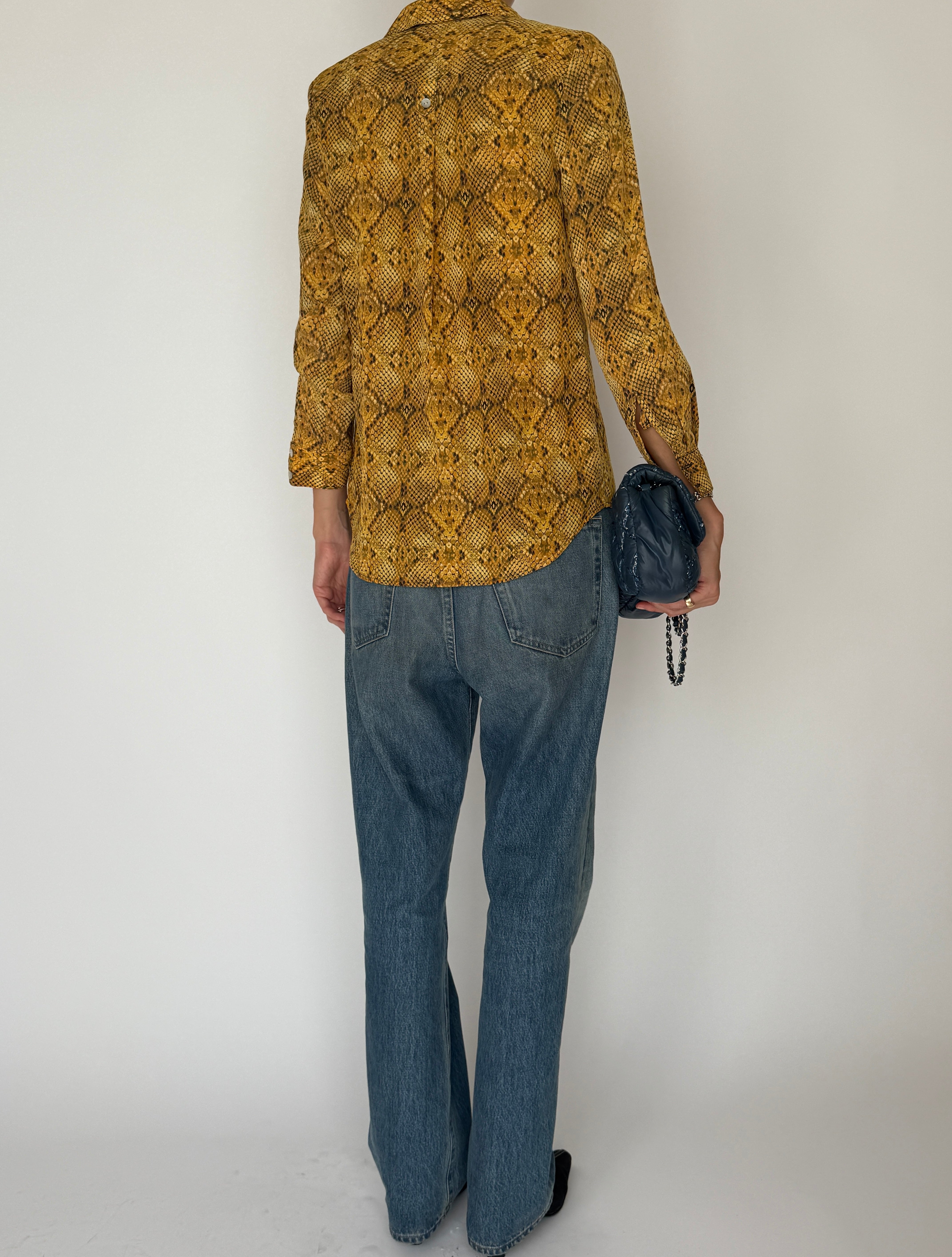Vintage Snake-Print Button-Up Blouse Yellow