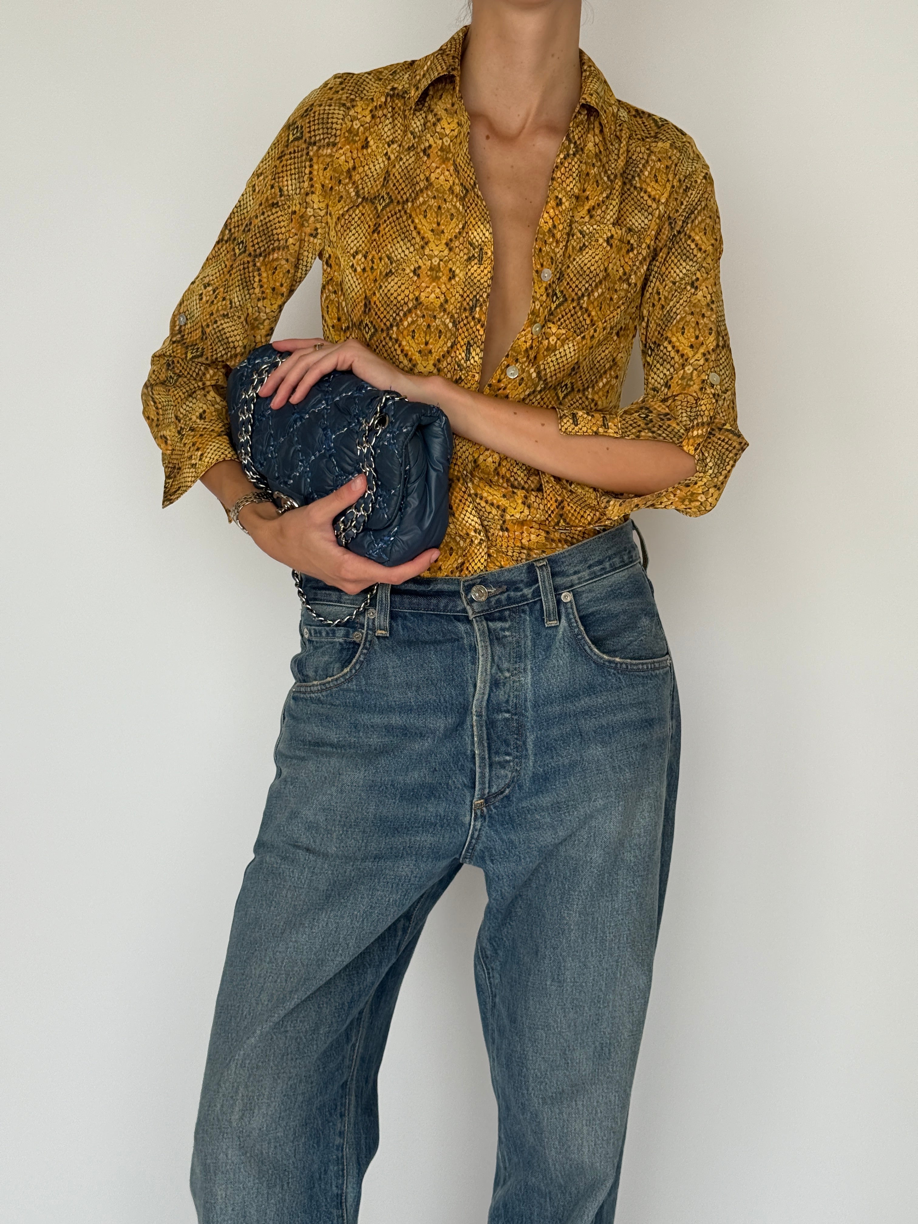 Vintage Snake-Print Button-Up Blouse Yellow