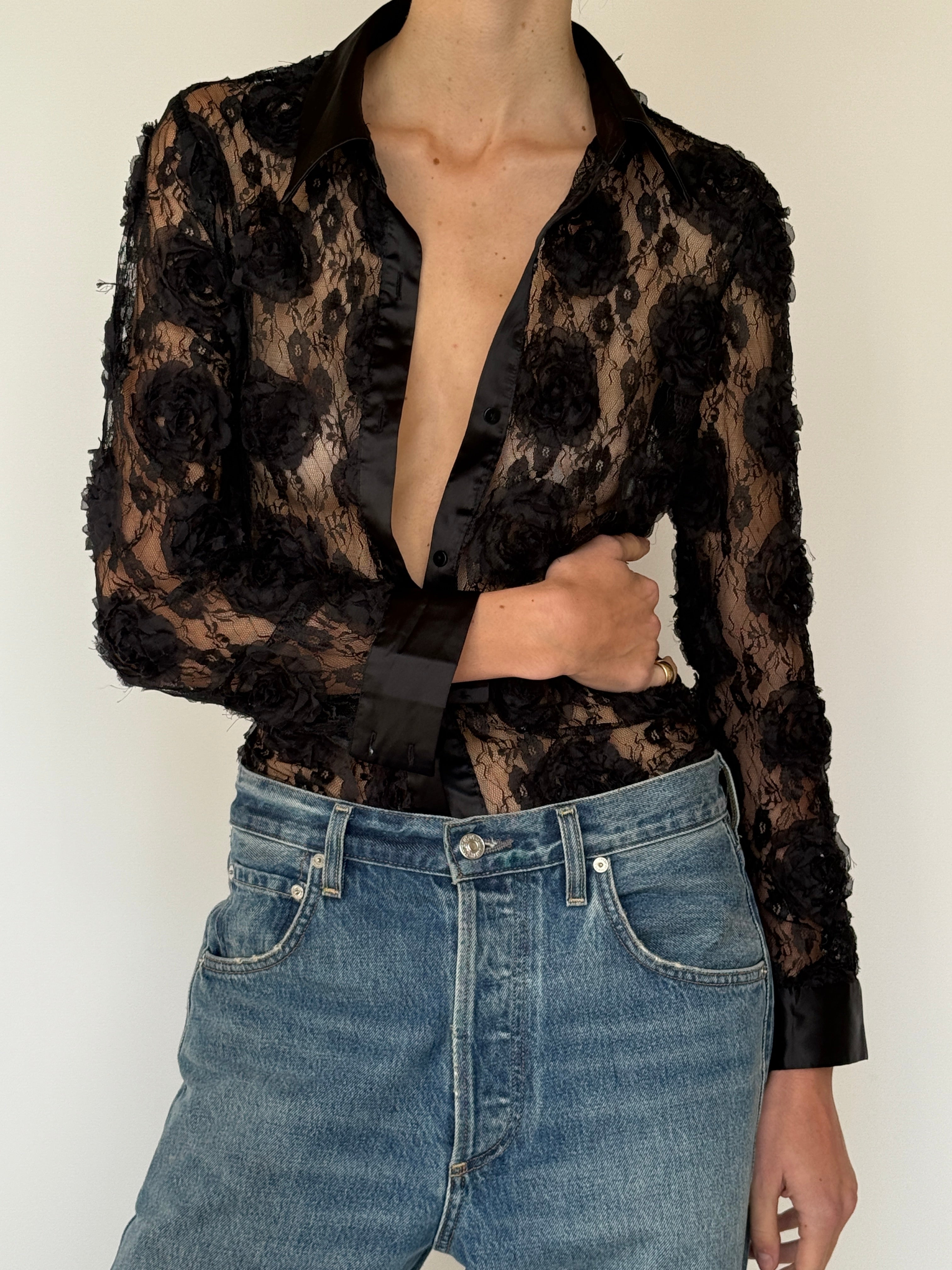 Vintage Sheer Lace Button-Up Top Black 7026