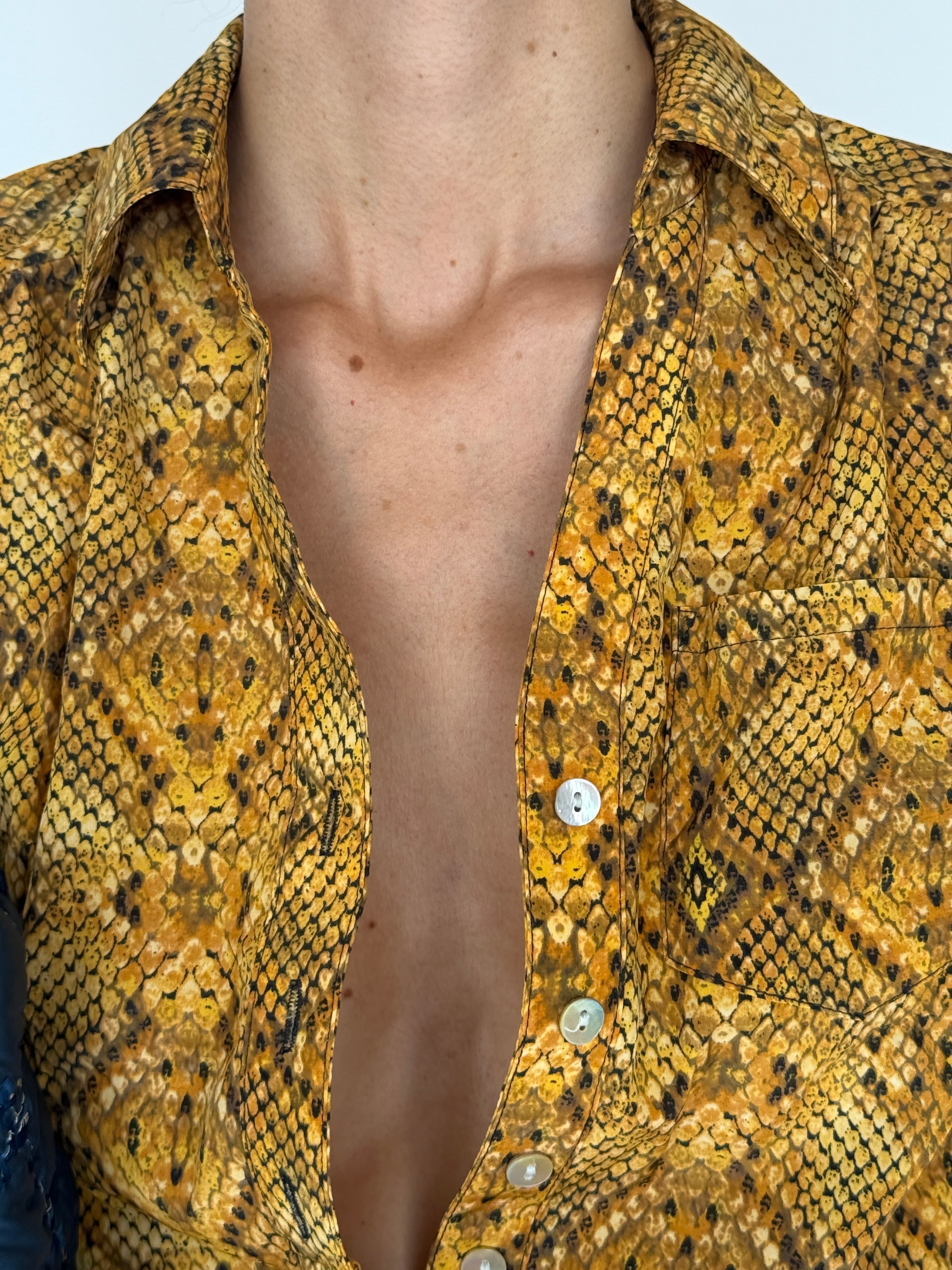 Vintage Snake-Print Button-Up Blouse Yellow