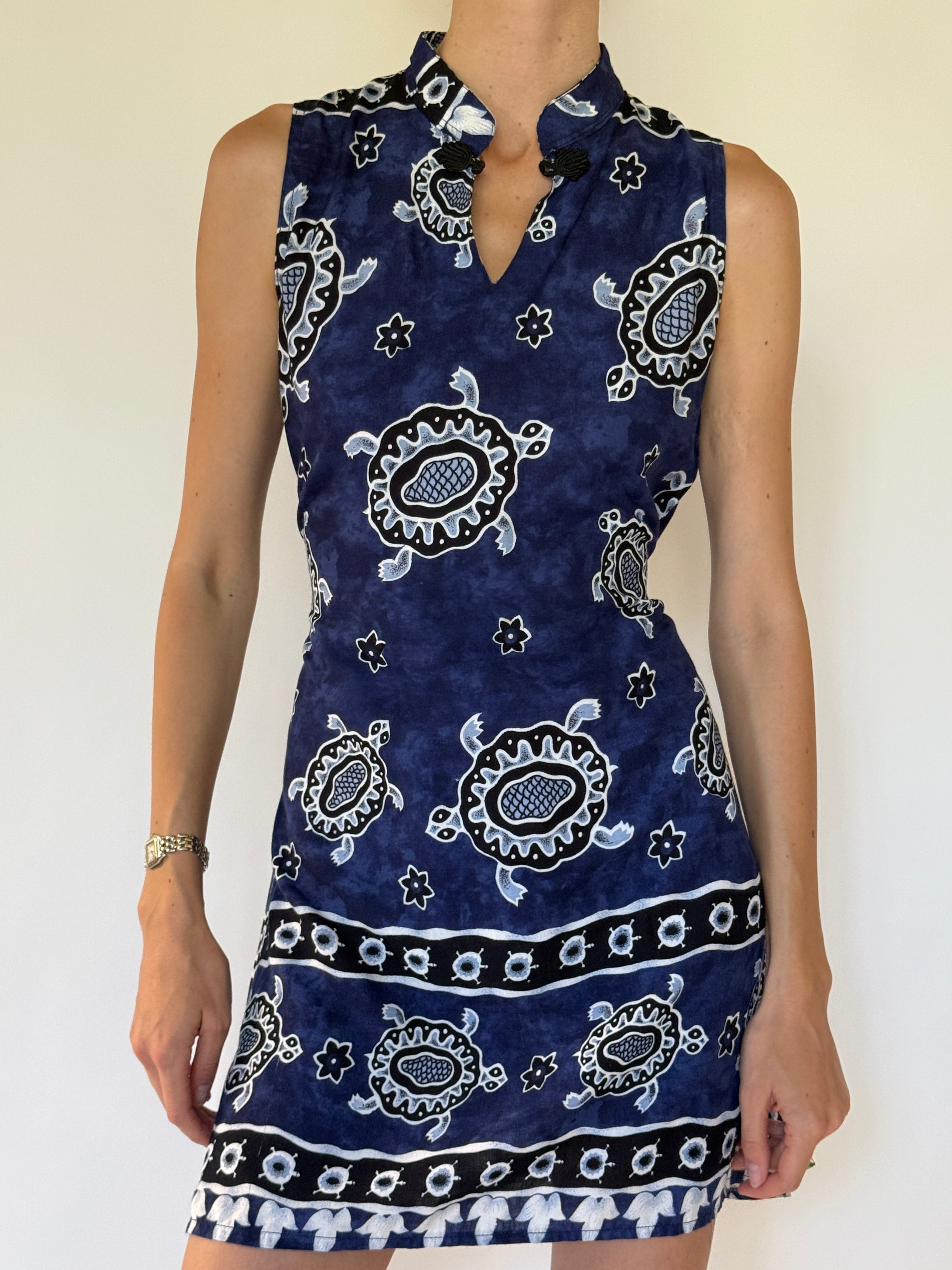 Vintage navy blue turtle-print mini dress front view