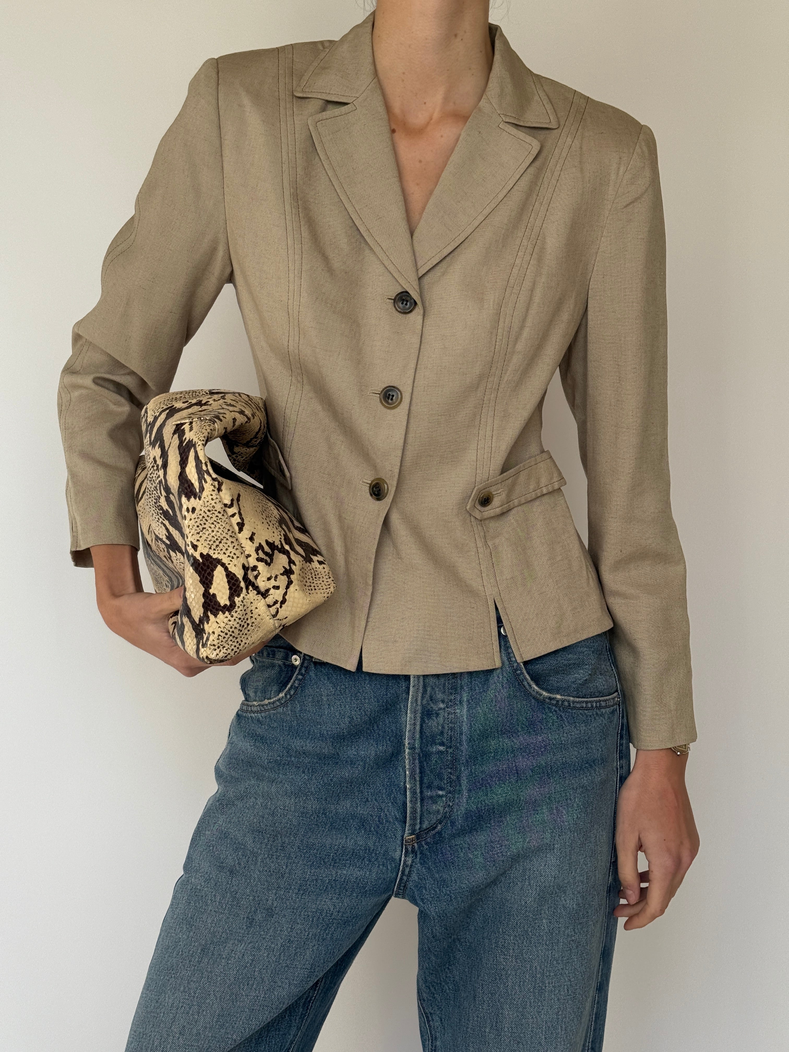 Vintage Linen-Blend Tailored Blazer Tan 7027