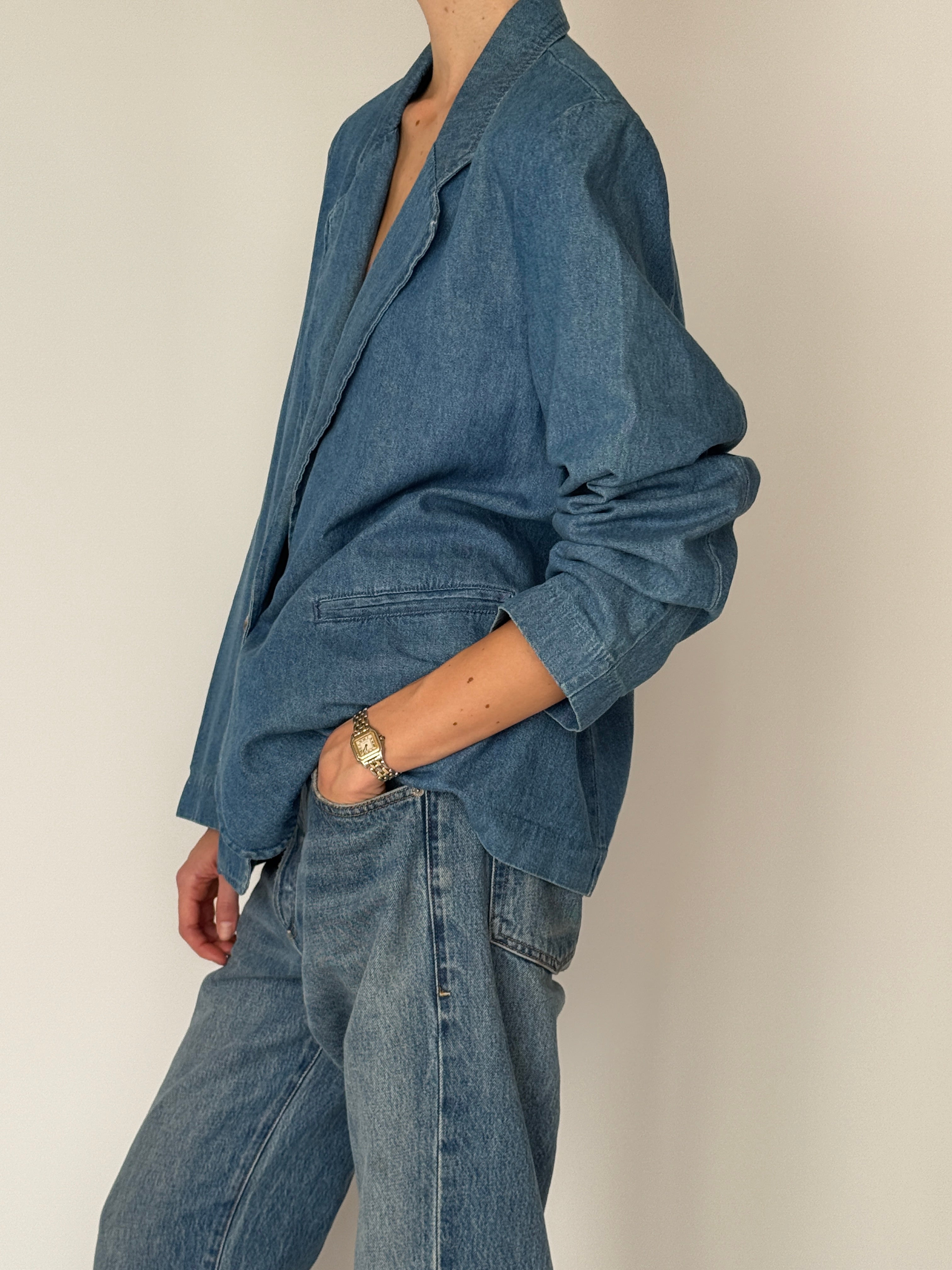 Vintage blue denim blazer side view