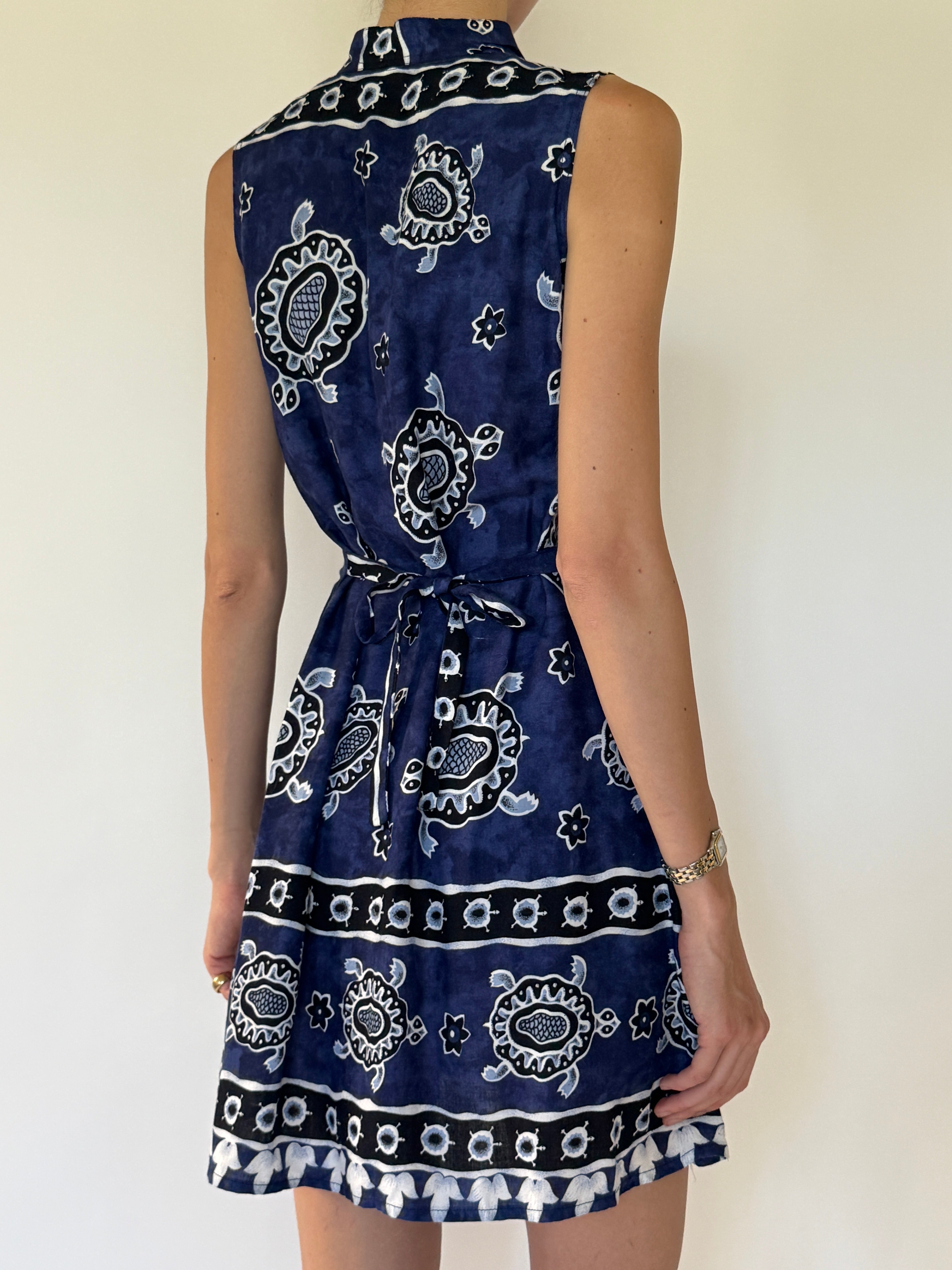 Vintage navy blue turtle-print mini dress back view