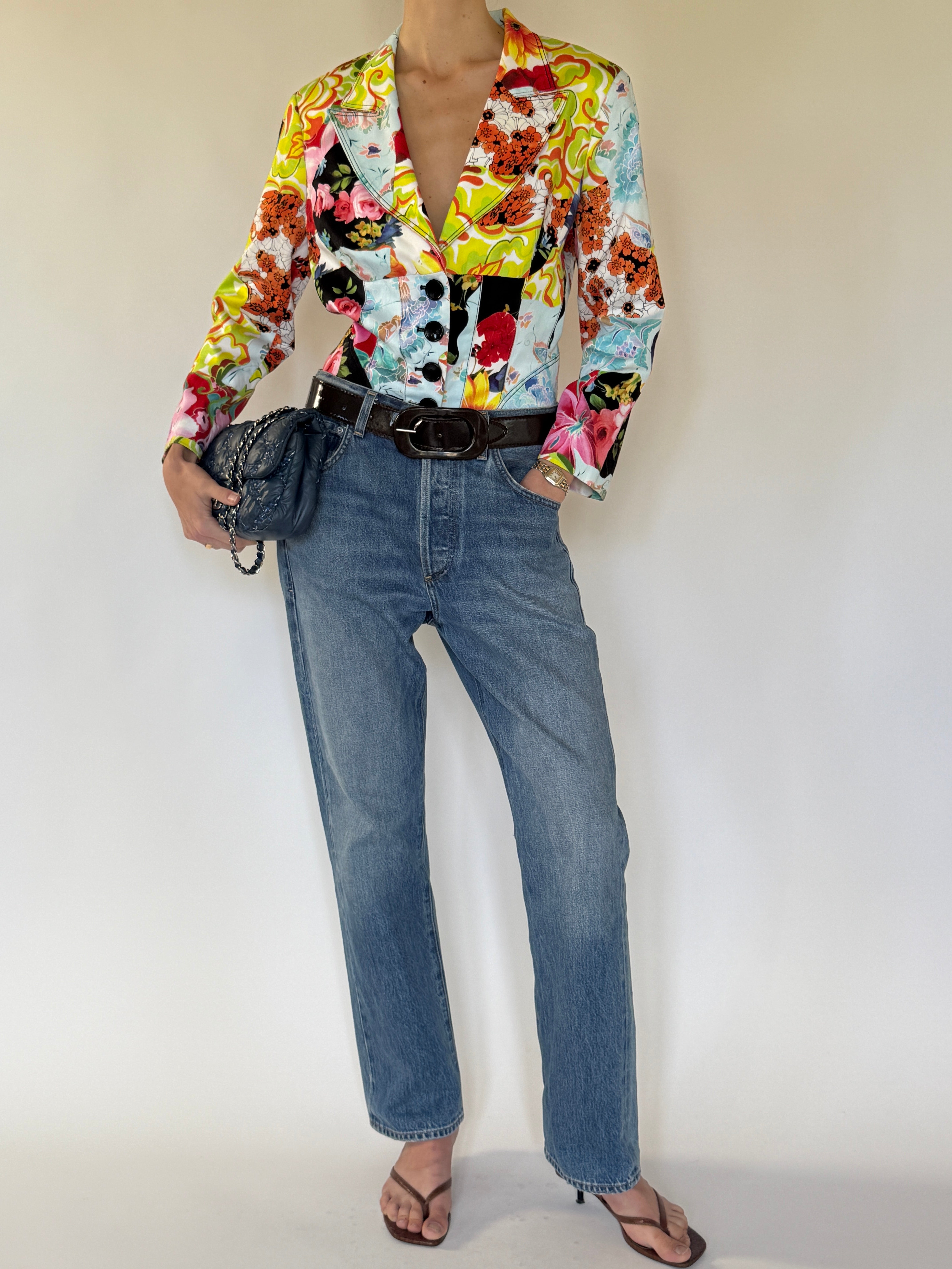 Vintage multicolor floral print blazer front view