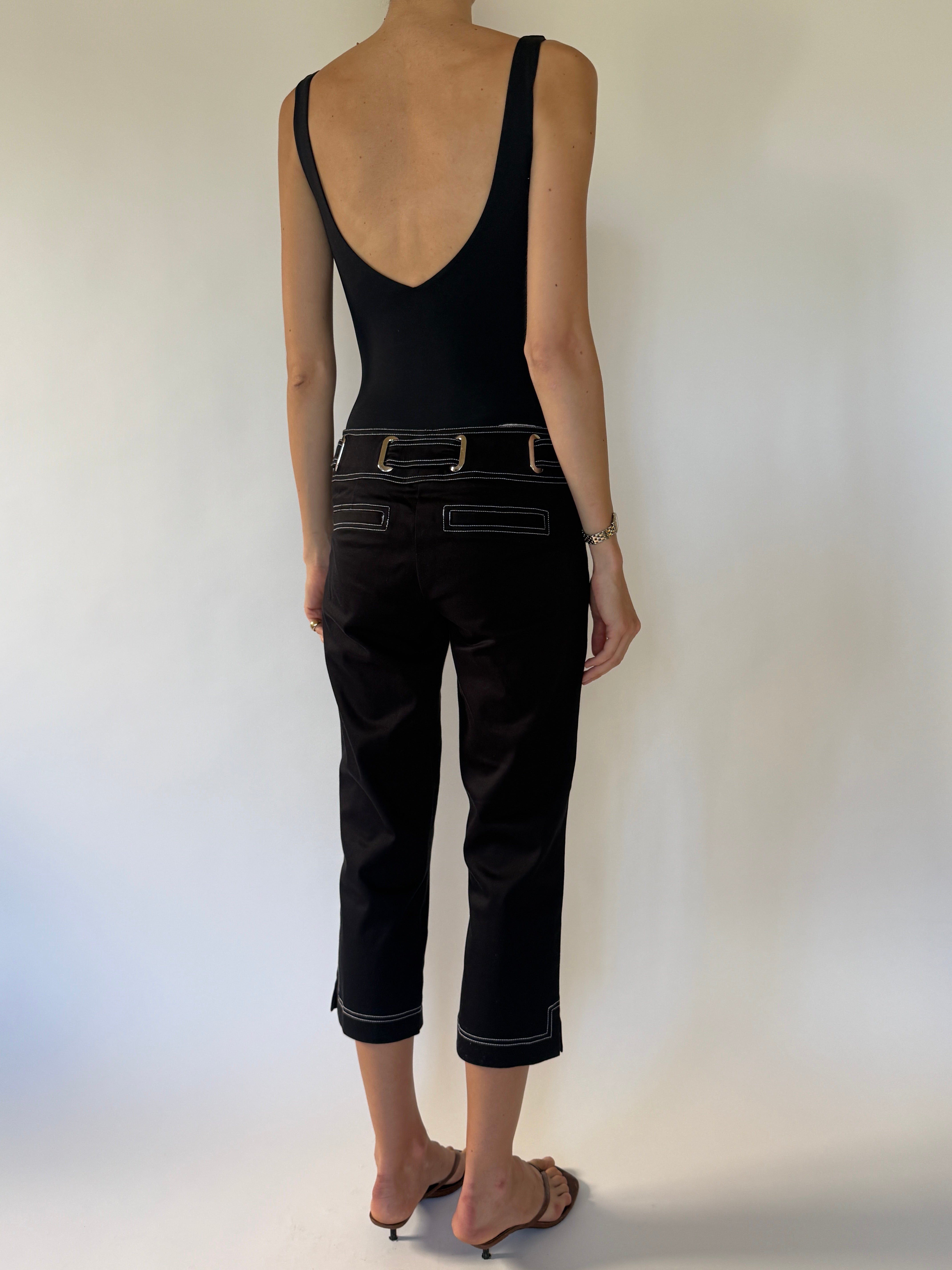 Vintage black contrast stitch capri pants back view