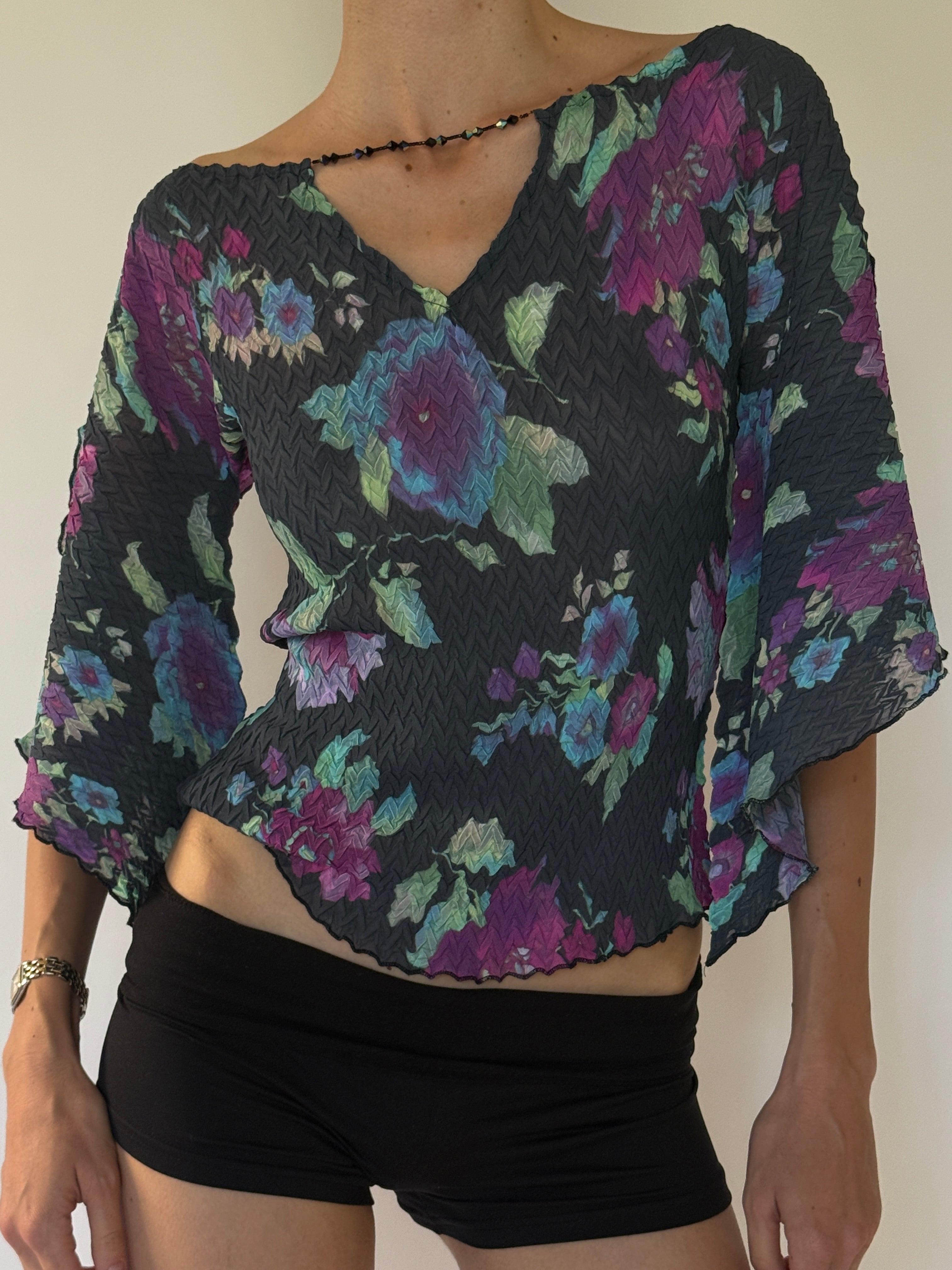 Vintage black crinkled floral blouse front view