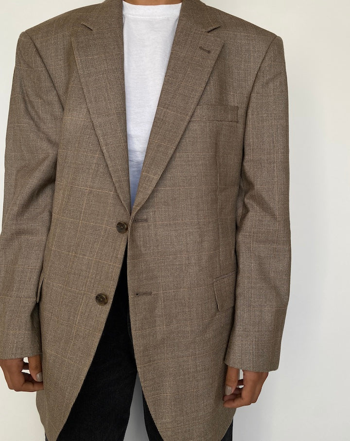 VINTAGE BEIGE CHECKED WOOL AND SILK BLENDED BLAZER 1838