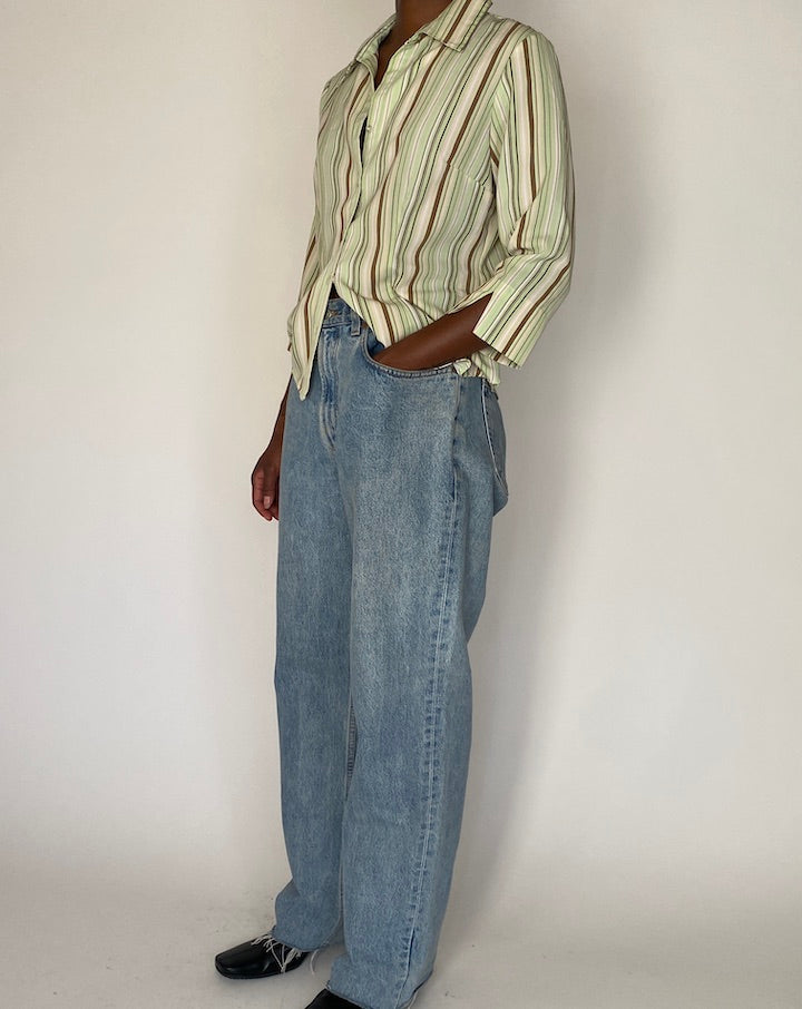 VINTAGE GREEN STRIPED BUTTON DOWN BLOUSE 4077