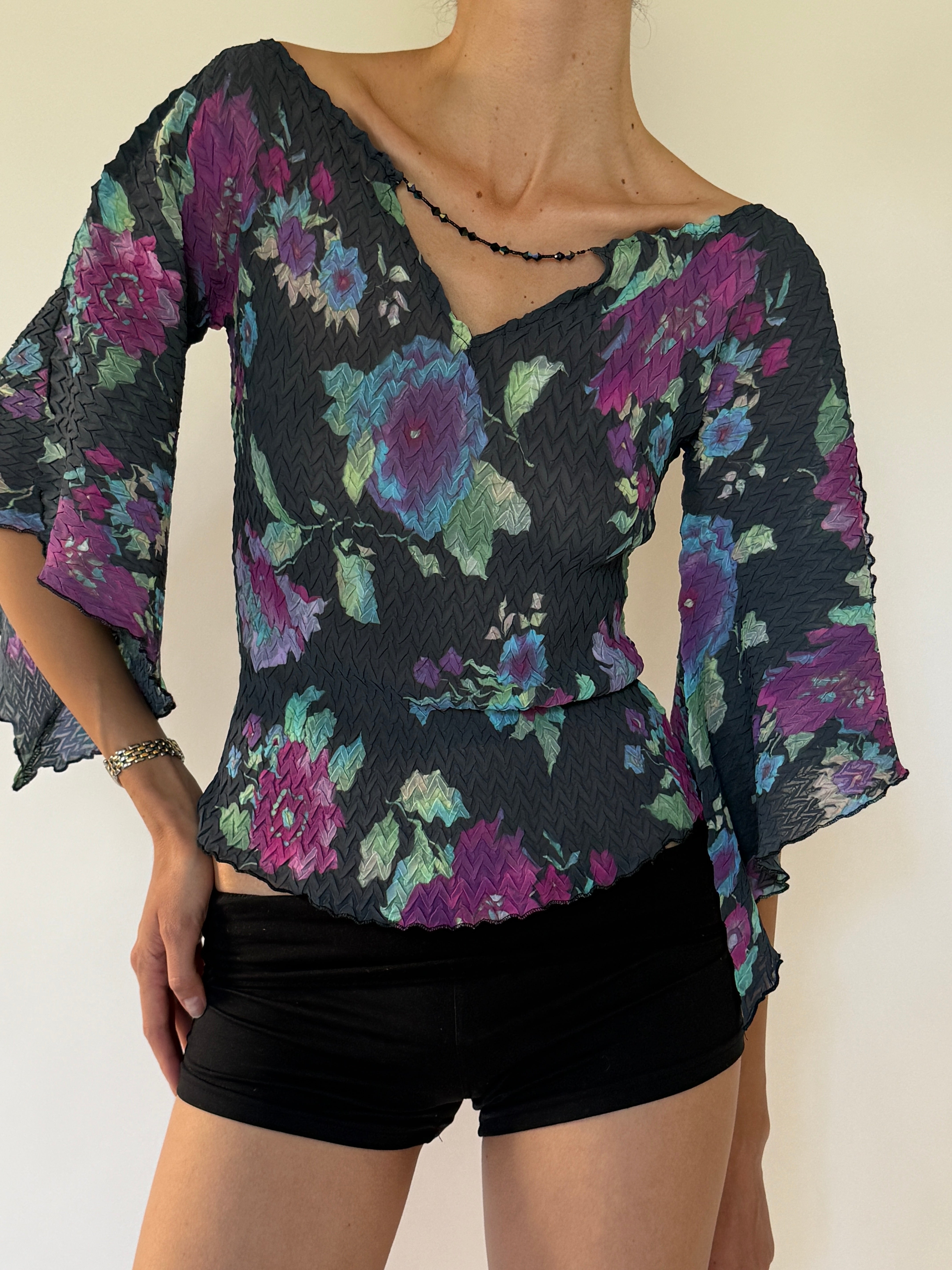 Vintage black crinkled floral blouse front view