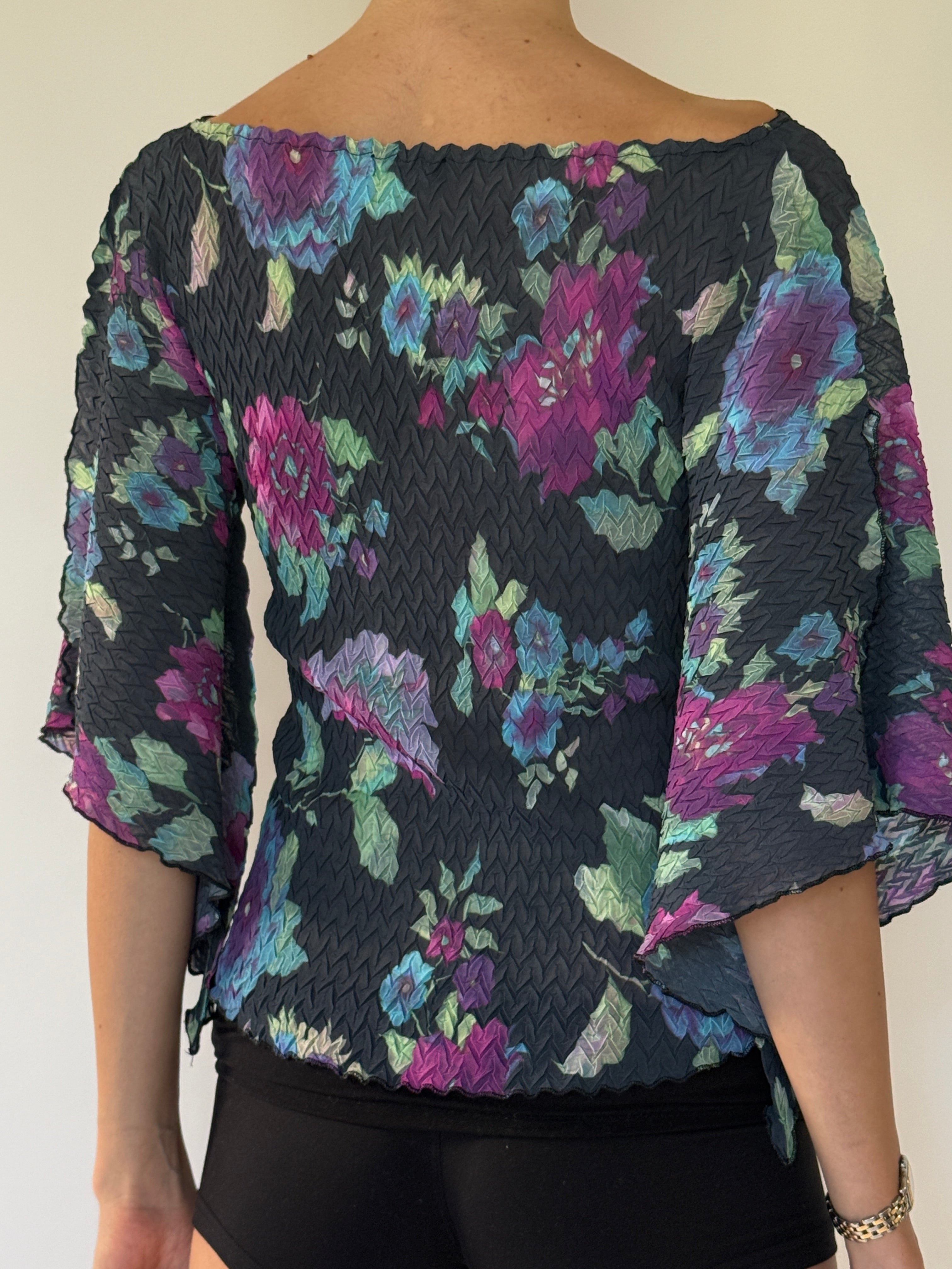 Vintage black floral blouse back view