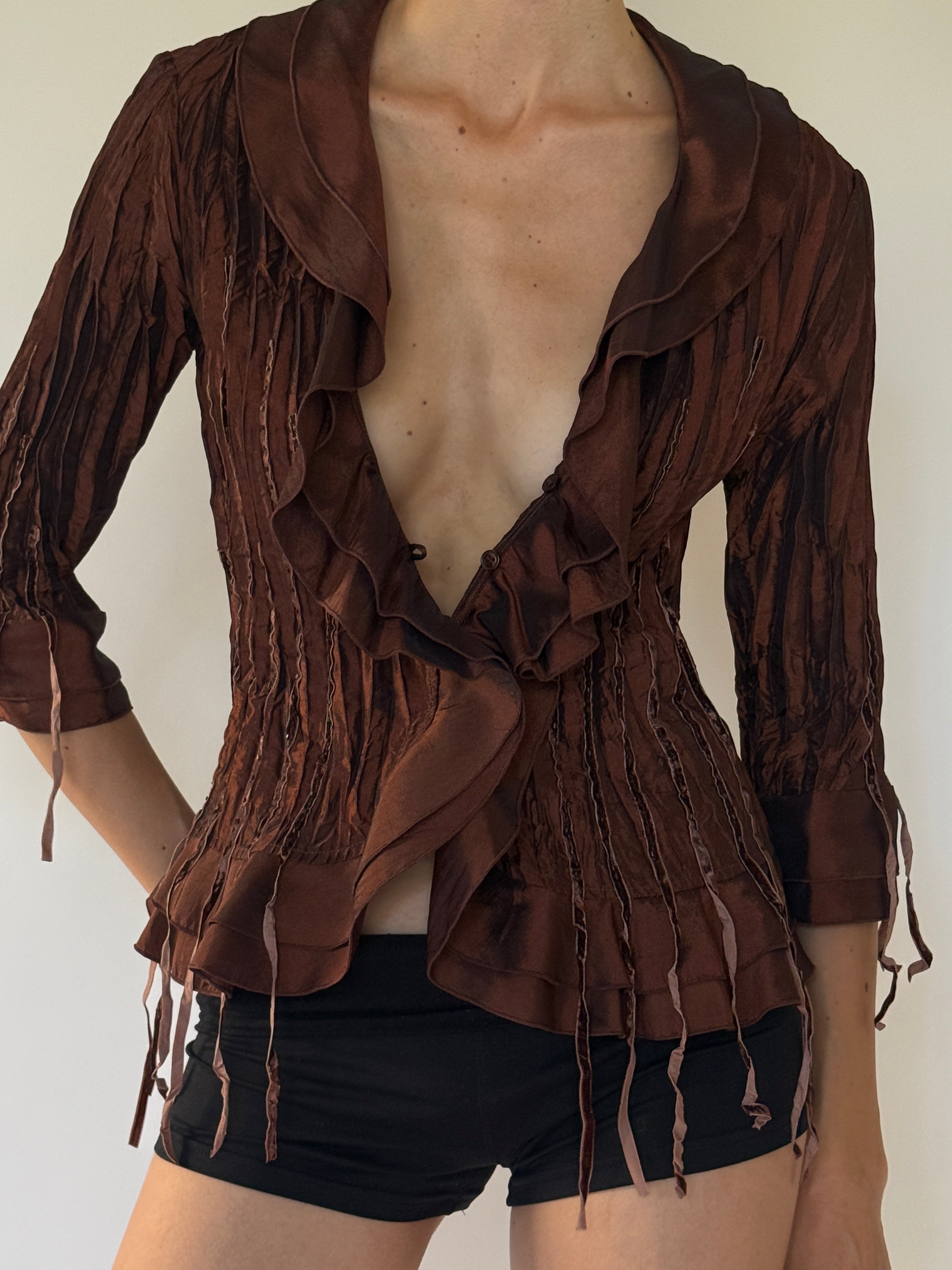 Vintage chocolate brown crinkled ruffle blouse front view