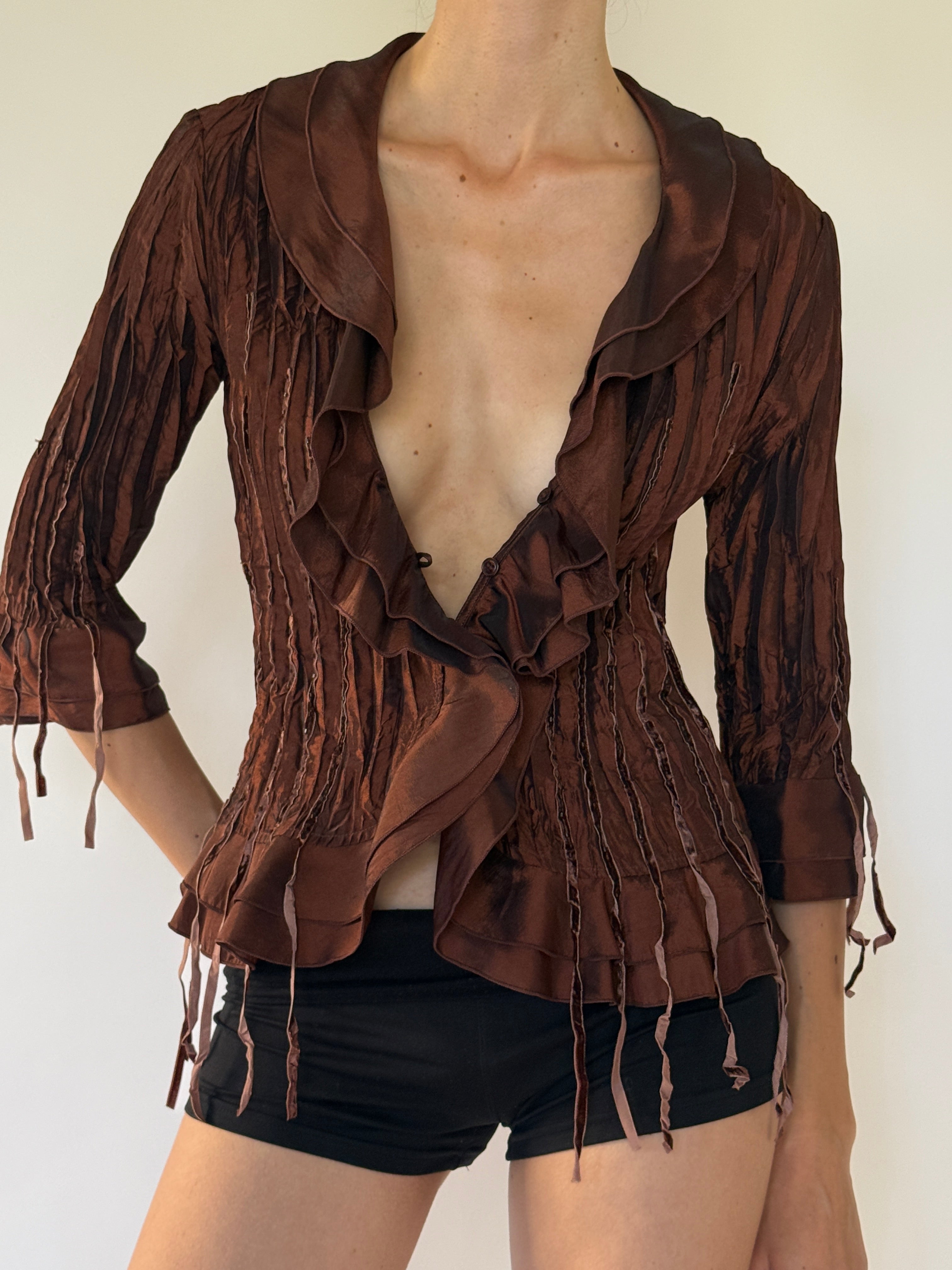 Vintage chocolate brown crinkled ruffle blouse front view