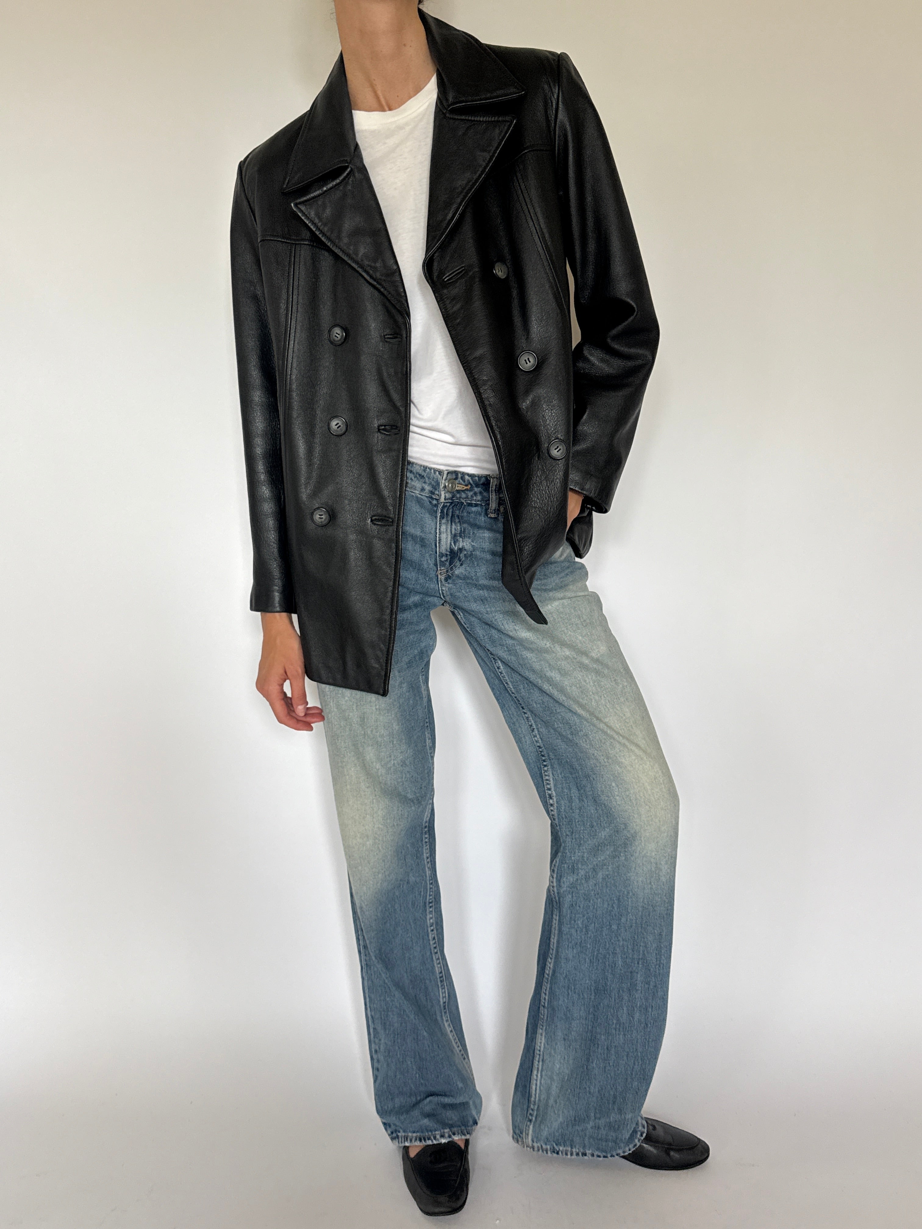 Vintage black double-breasted leather blazer front view