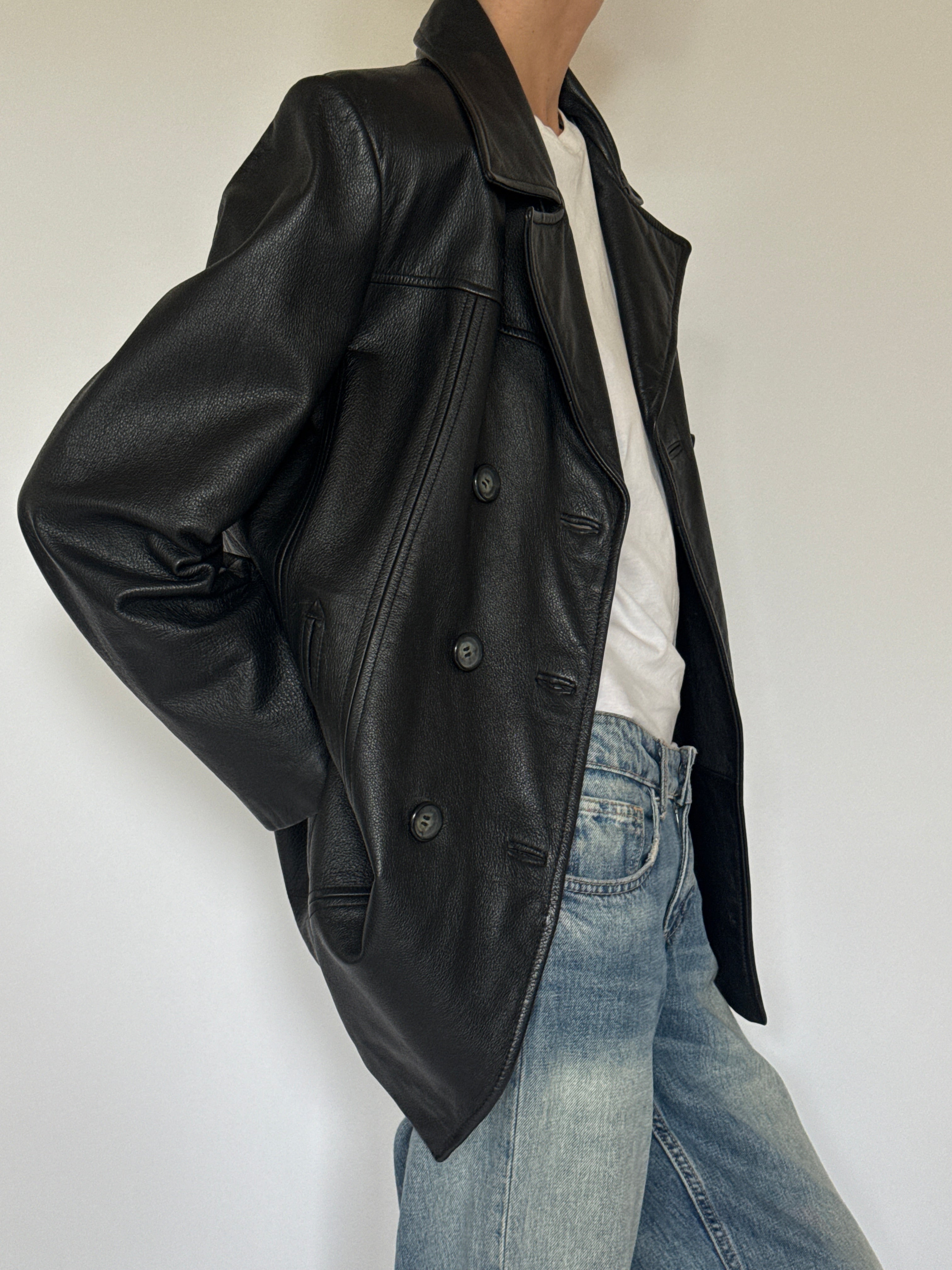 Vintage black leather blazer side view