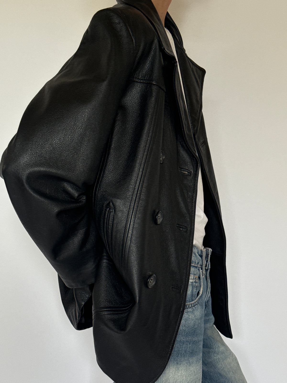 Vintage black leather blazer side view