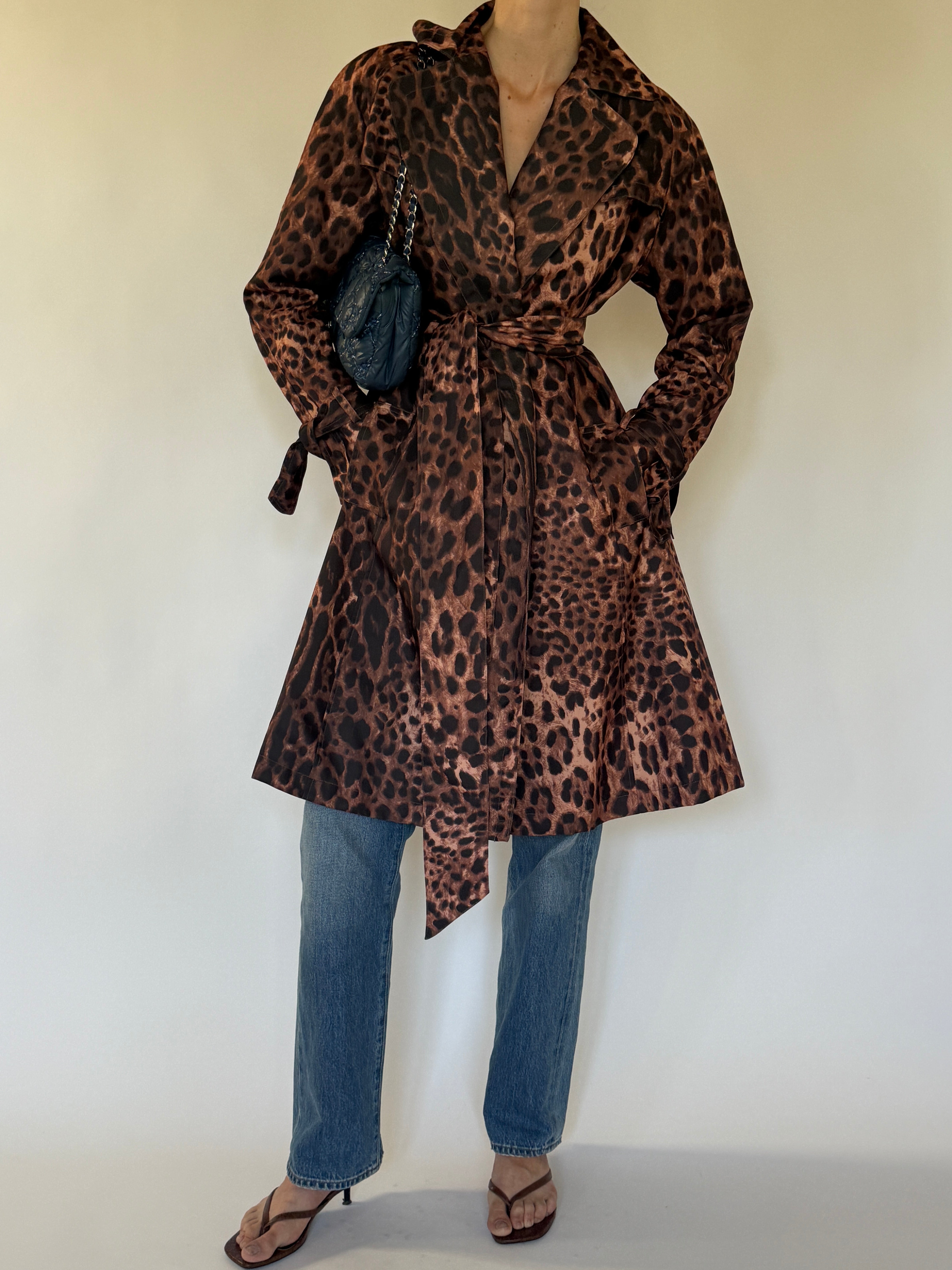 Vintage leopard print trench coat brown back view with storm flap