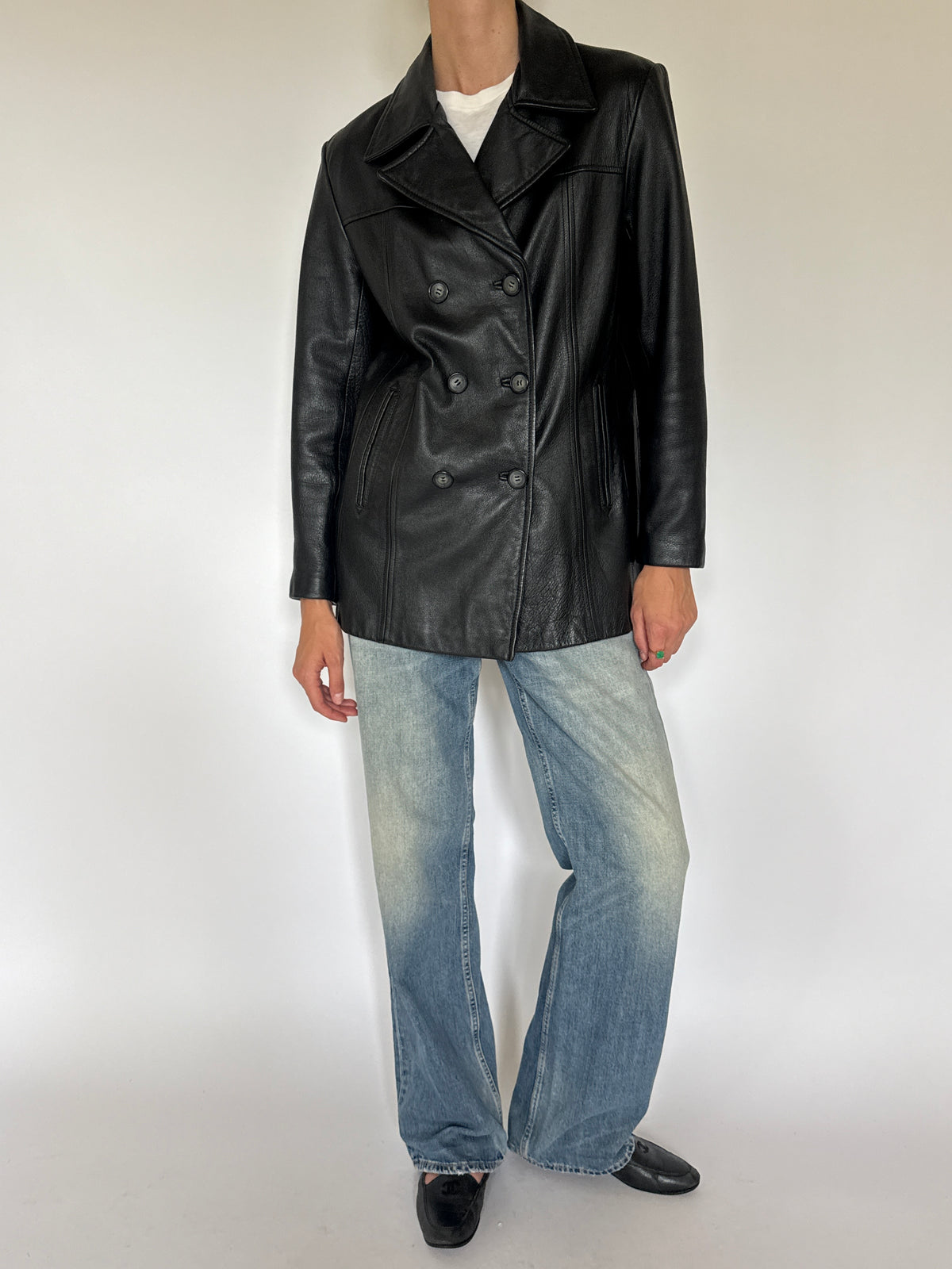 Vintage black double-breasted leather blazer front view