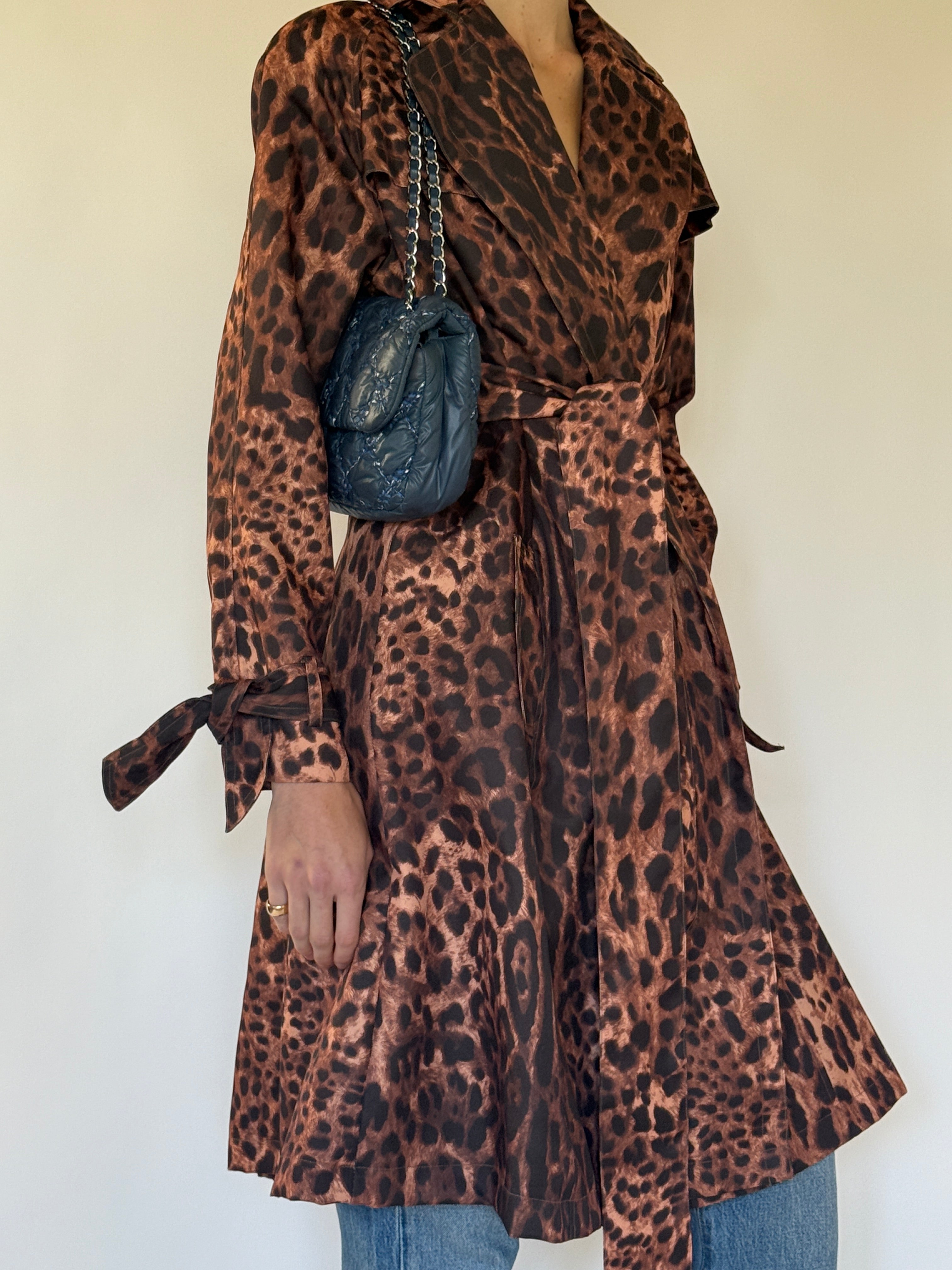 Vintage leopard print trench coat brown front view with waist tie belt