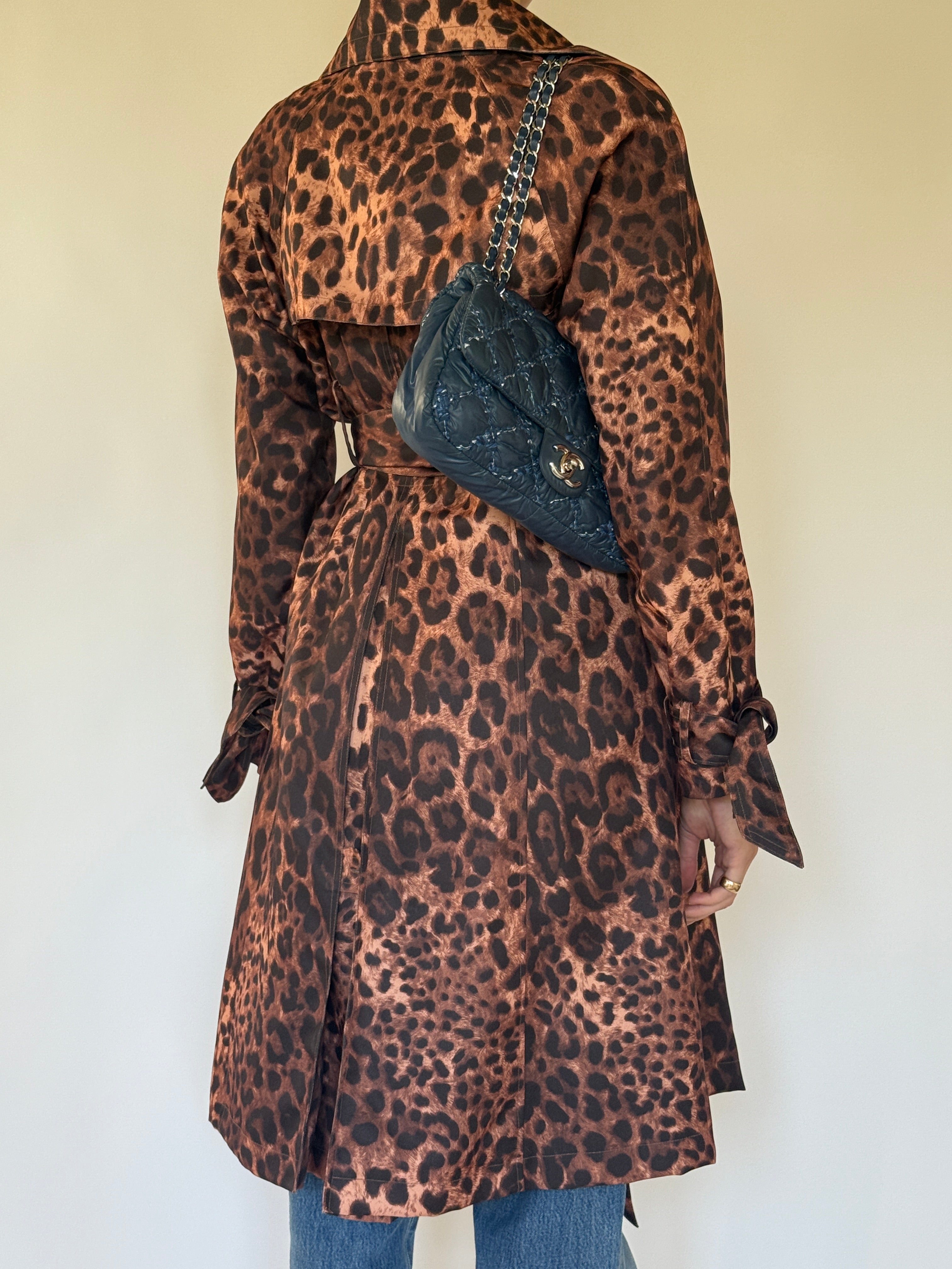 Vintage leopard print trench coat brown back view with storm flap