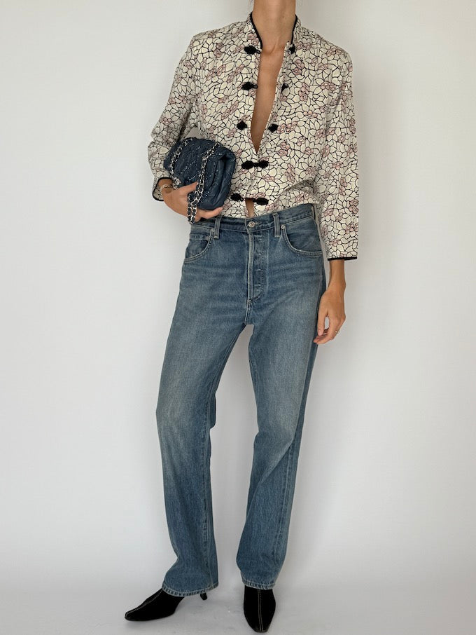 Vintage Flora Brocade Blouse with Knot Buttons