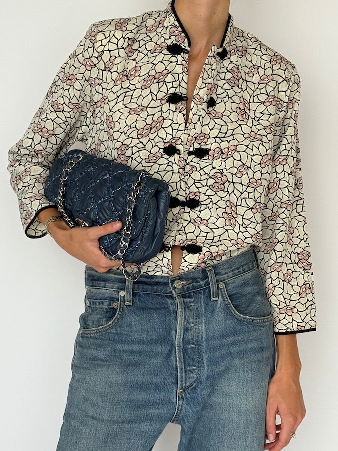 Vintage Flora Brocade Blouse with Knot Buttons