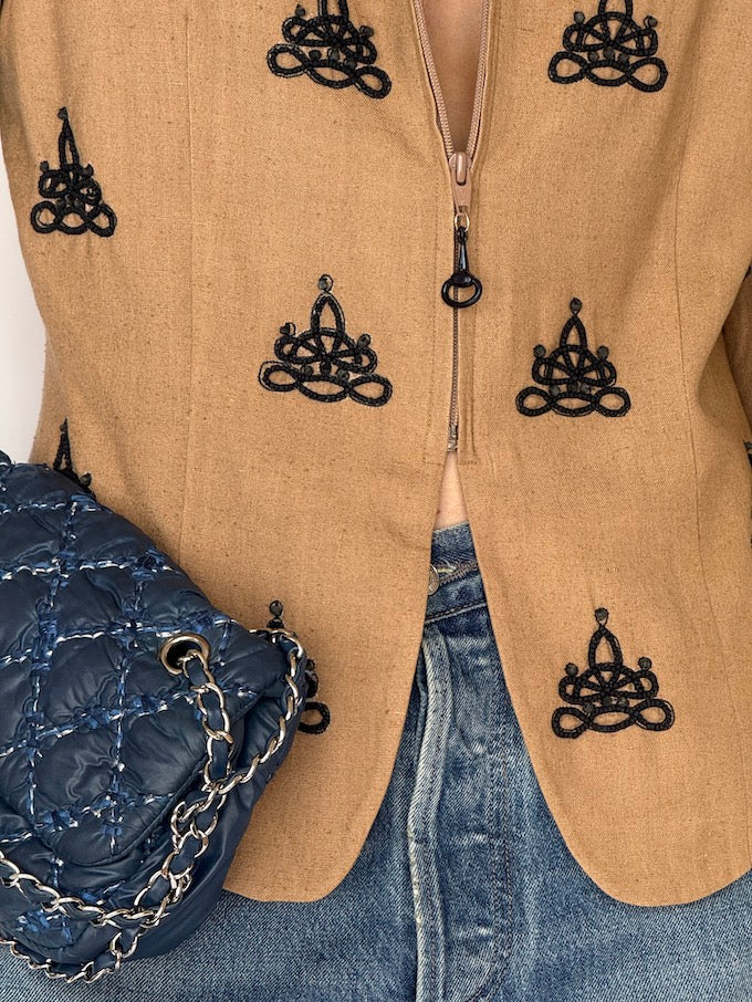Vintage 100% Silk Jacket in Tan with Black Embroidered Knotwork 6516