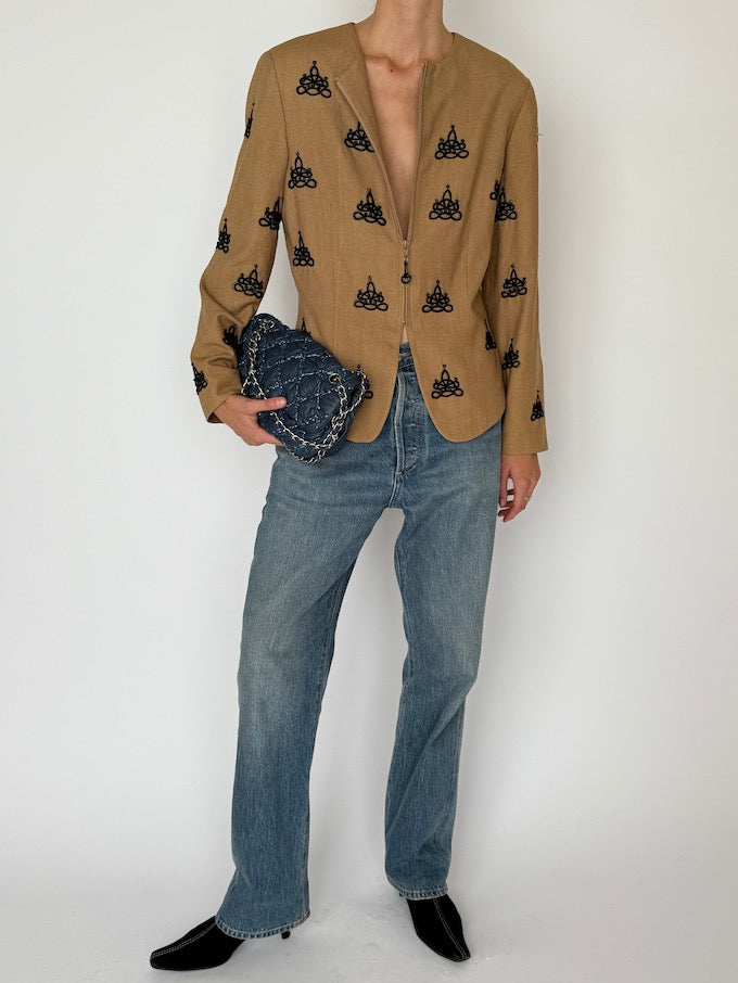 Vintage 100% Silk Jacket in Tan with Black Embroidered Knotwork 6516