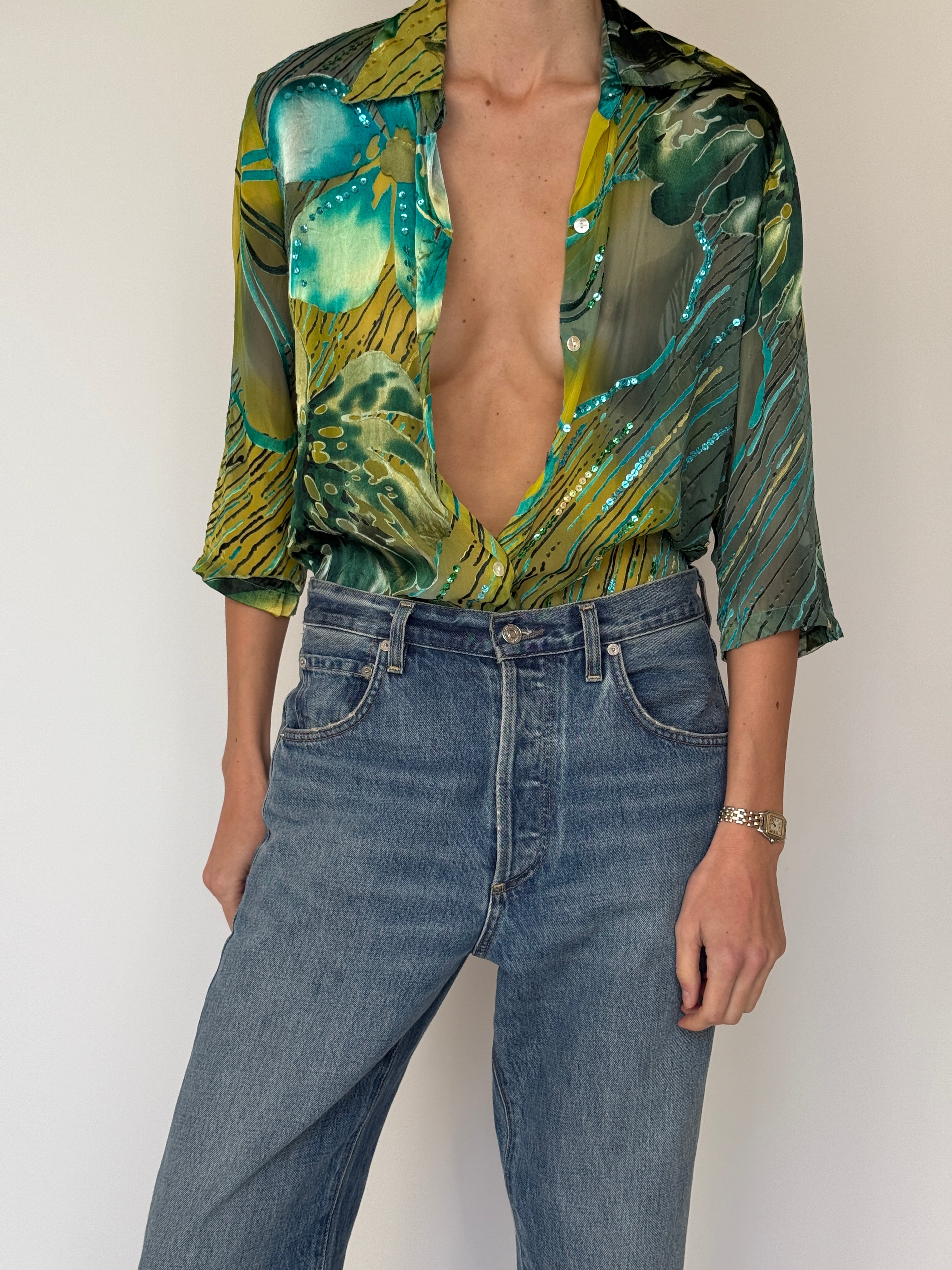 Vintage Sheer Sequin Print Blouse 7034