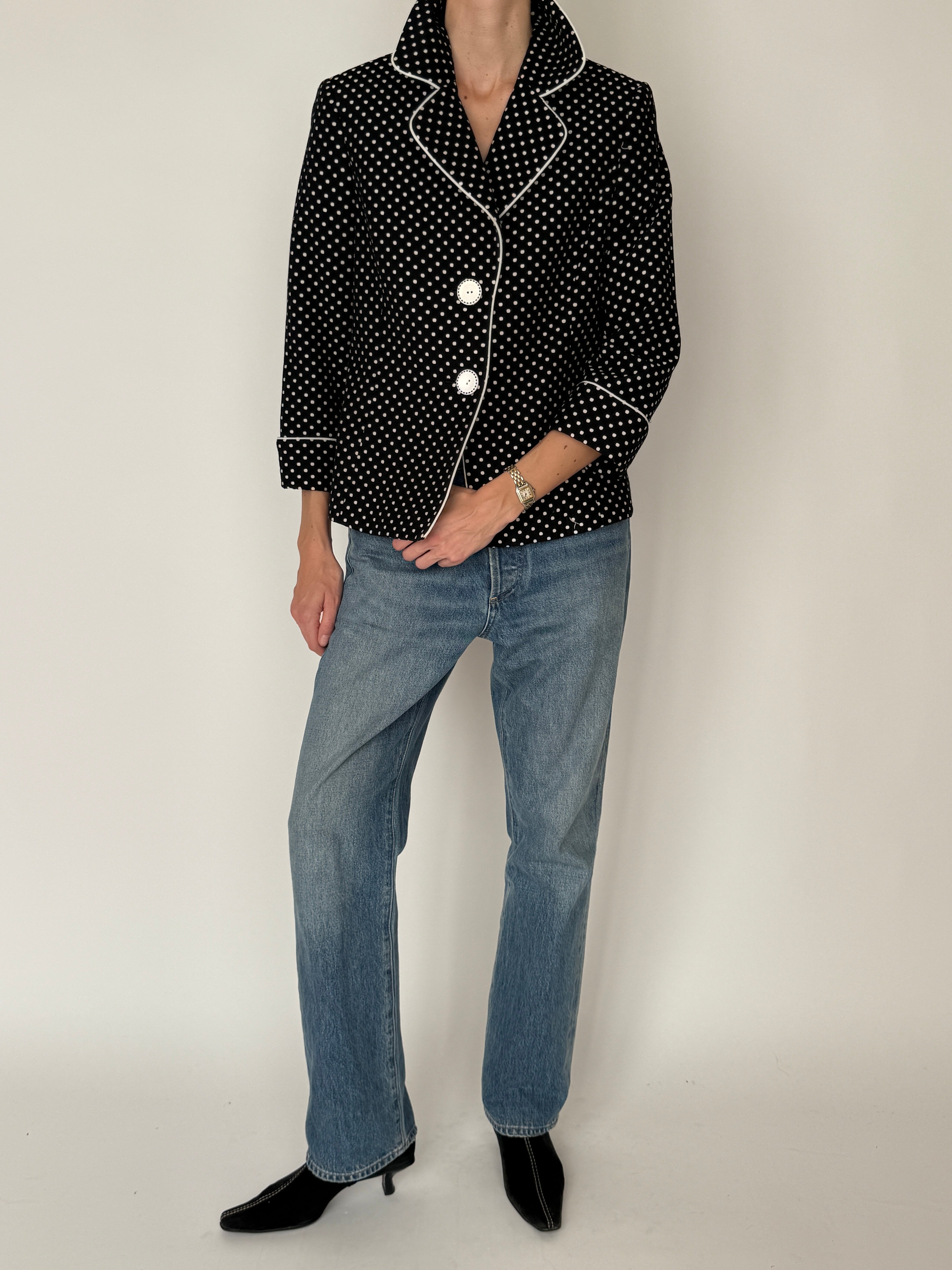 Vintage black polka dot blazer front view