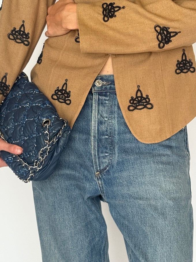 Vintage 100% Silk Jacket in Tan with Black Embroidered Knotwork 6516