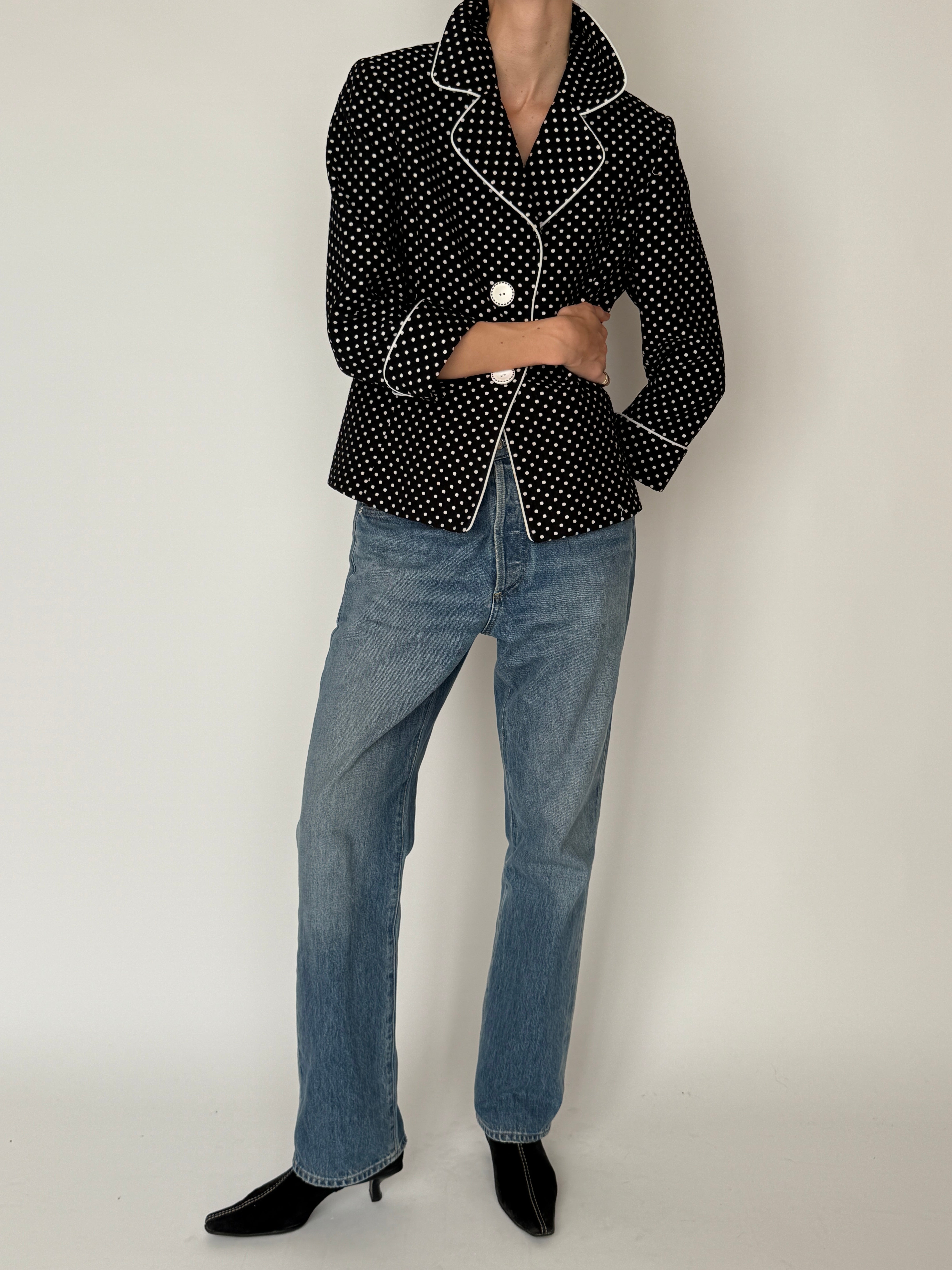 Vintage black polka dot blazer front view